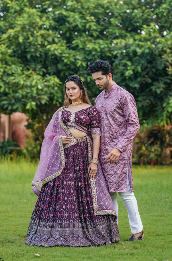 Wine Color Heavy Work Lehenga Choli Couple Set