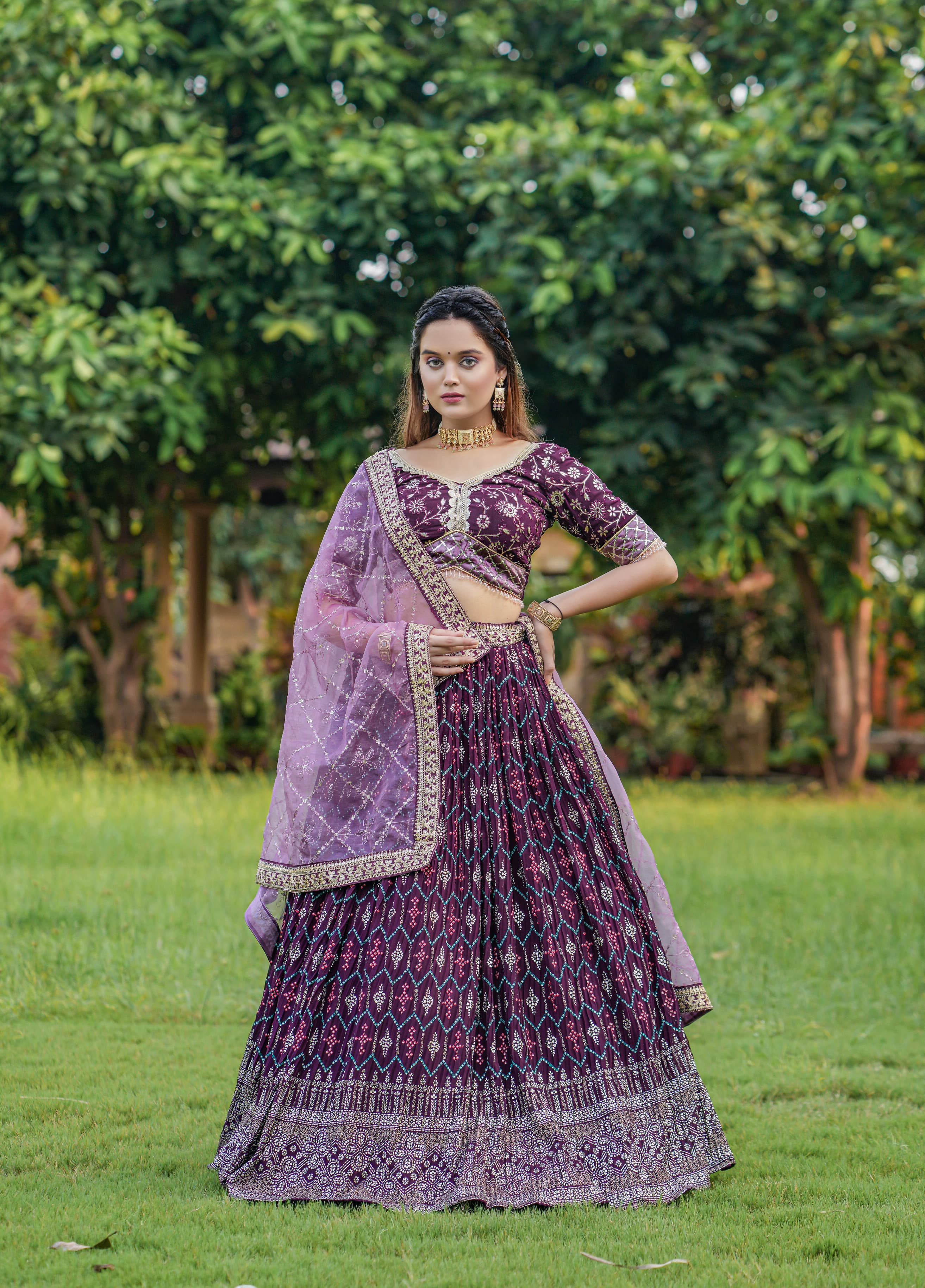 Wine Color Heavy Work Lehenga Choli Couple Set