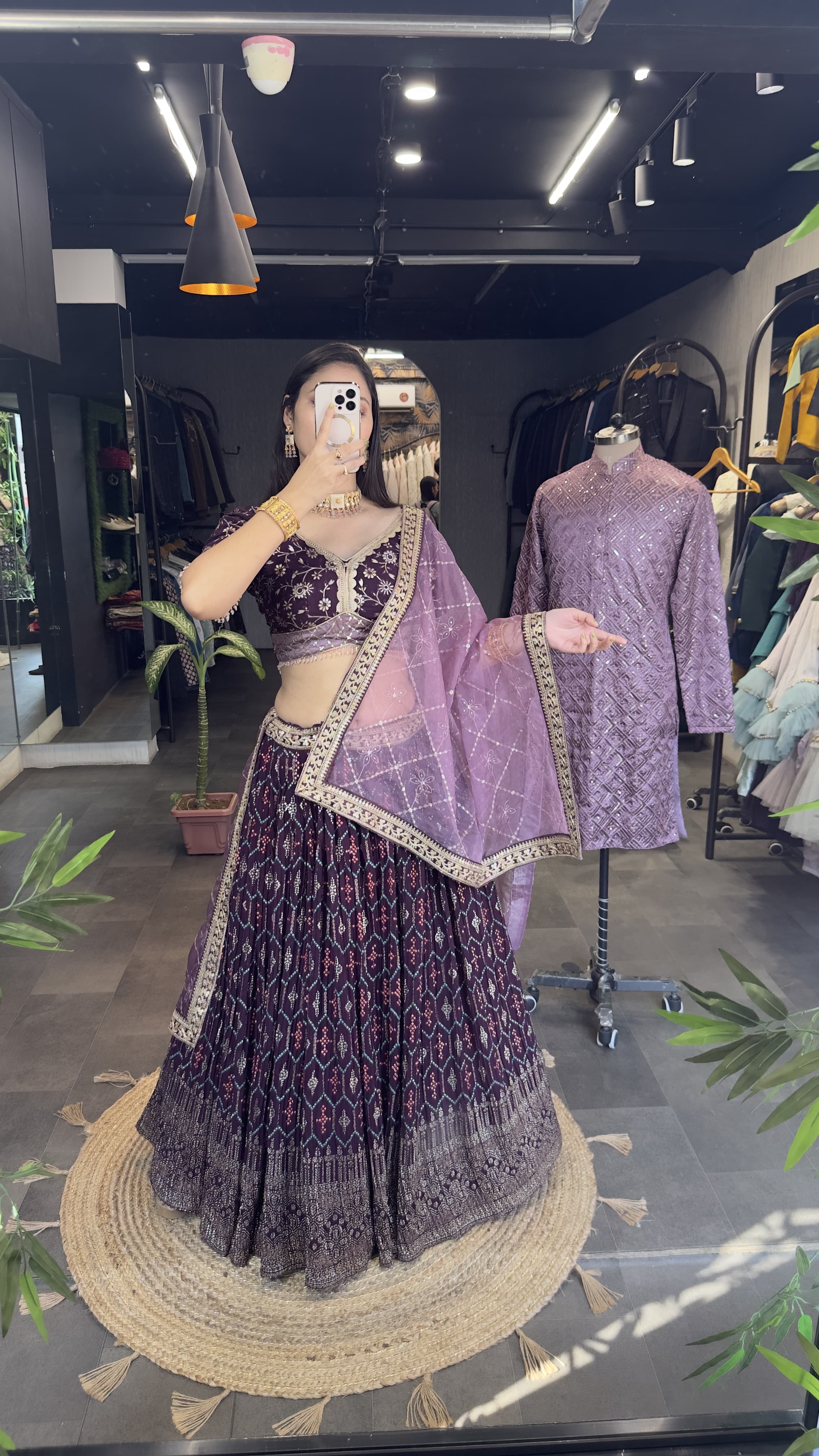 Wine Color Heavy Work Lehenga Choli Couple Set