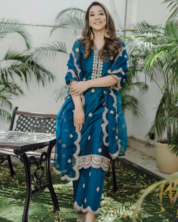 Stylish Navy Blue Palazzo Suit Organza Dupatta