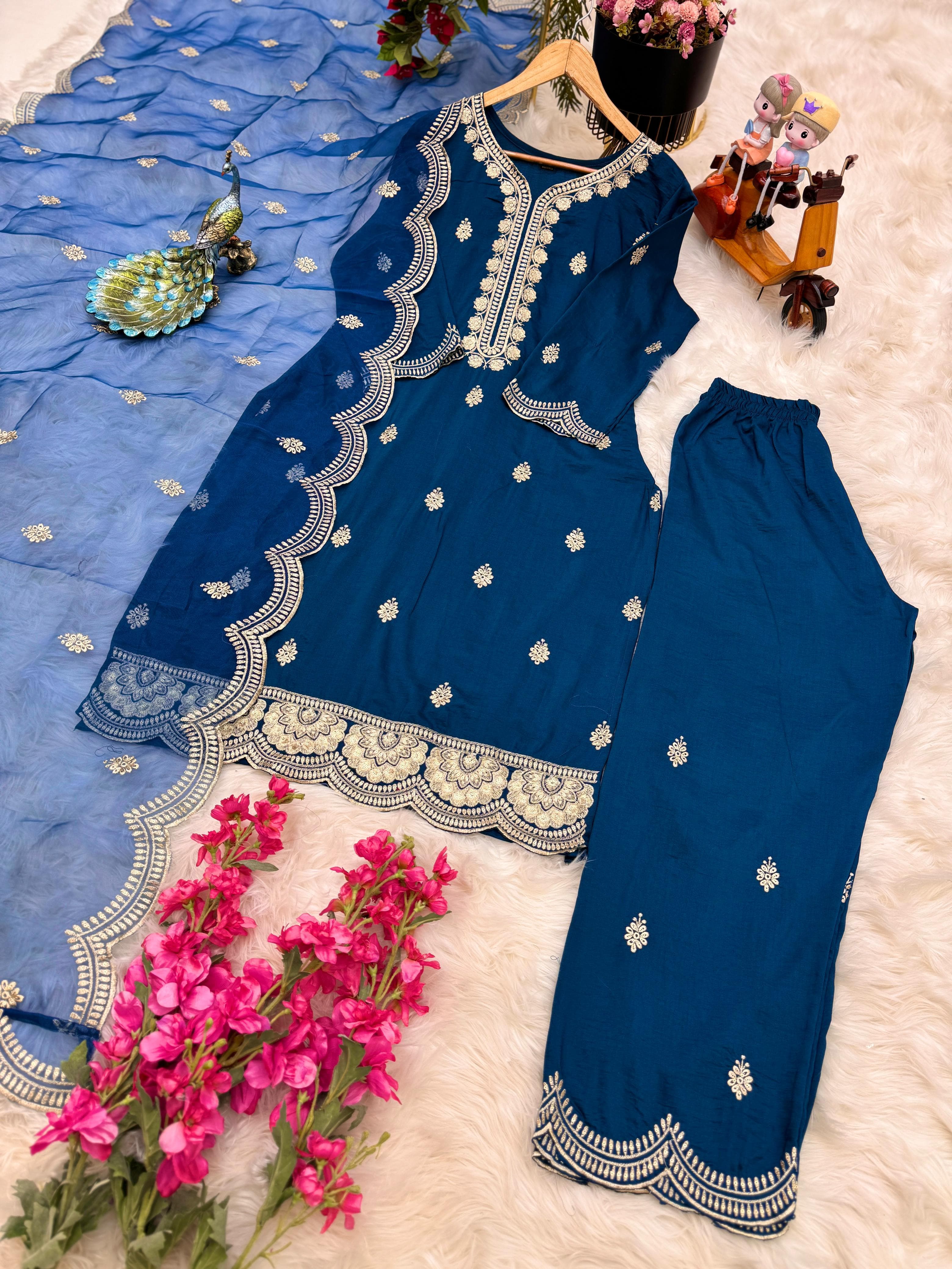 Stylish Navy Blue Palazzo Suit Organza Dupatta