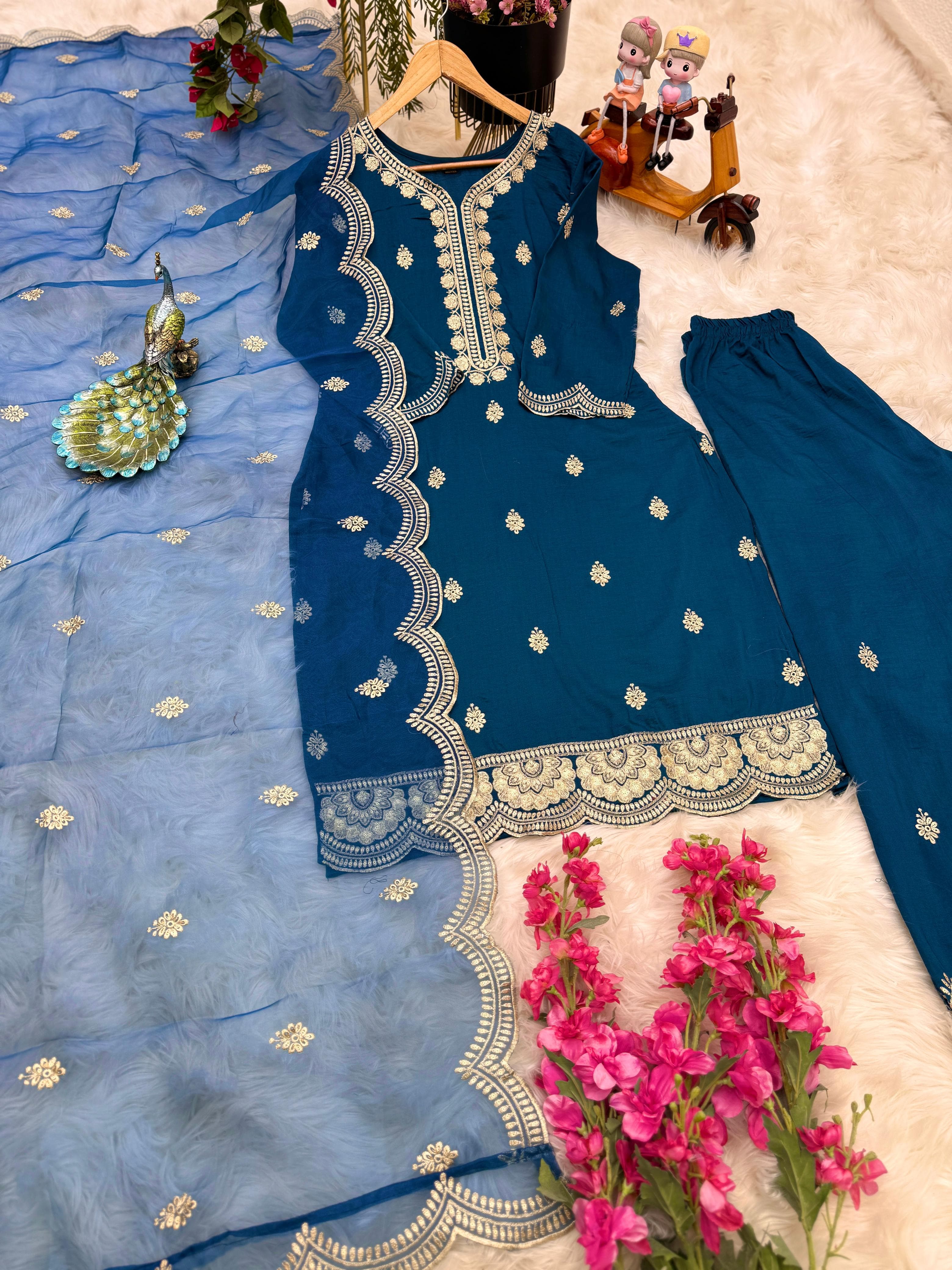 Stylish Navy Blue Palazzo Suit Organza Dupatta