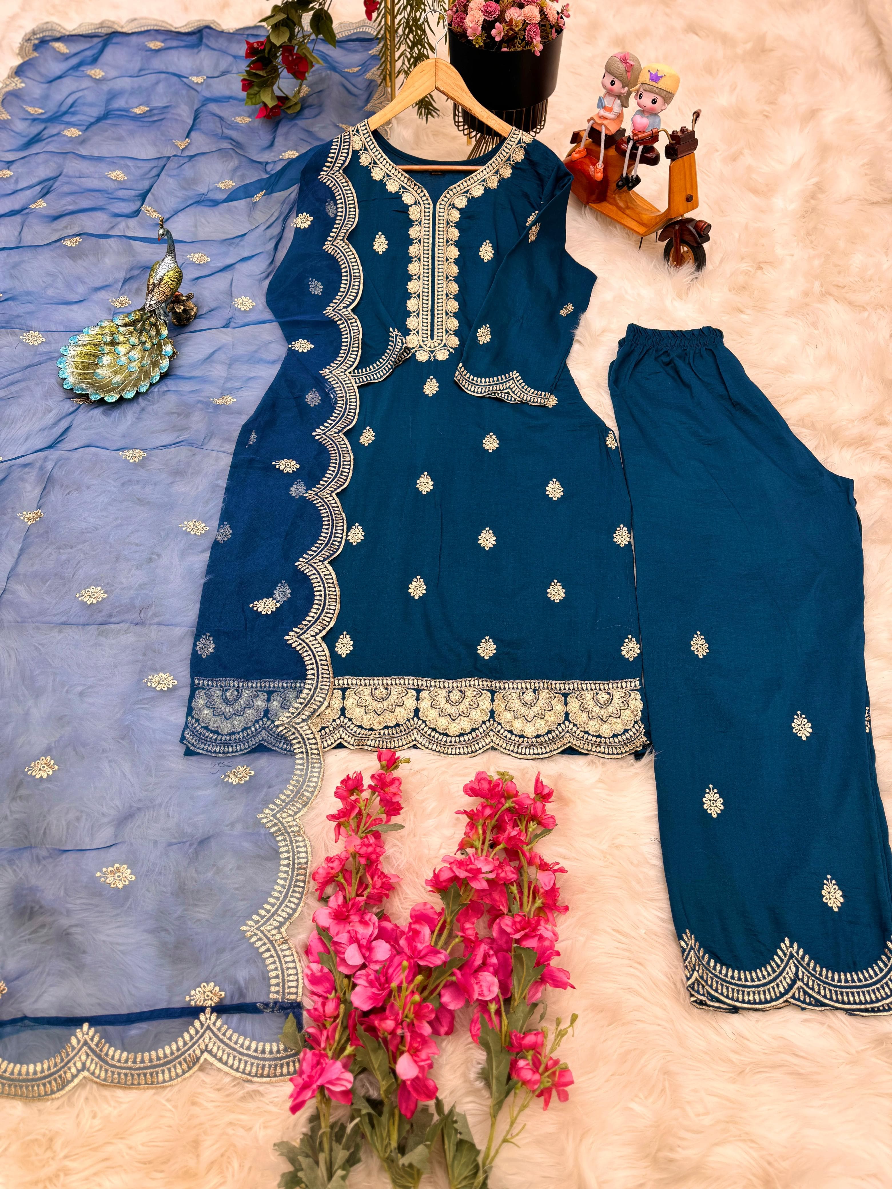 Stylish Navy Blue Palazzo Suit Organza Dupatta