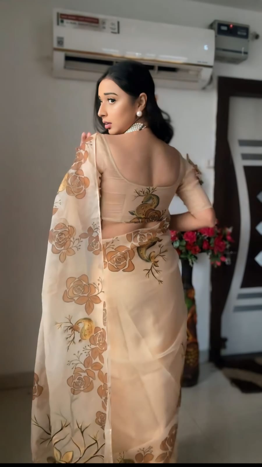 Beige Color Ready To Wear Organza Saree