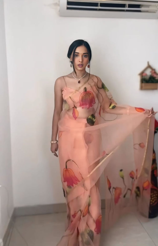 Classy Peach Ready To Wear Organza Saree