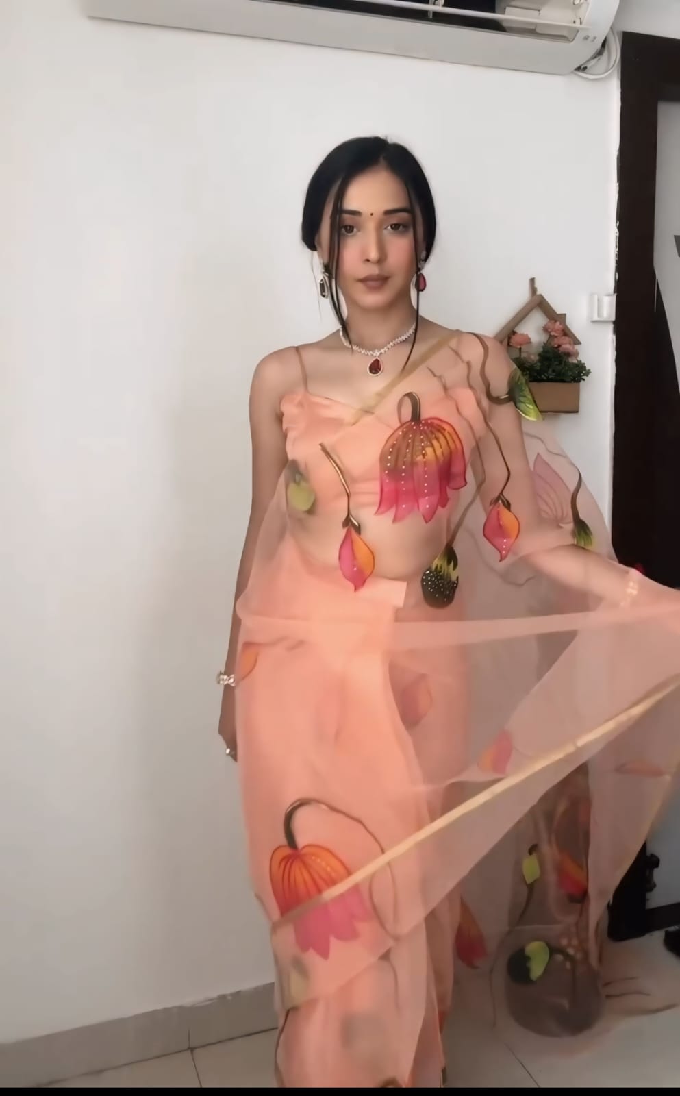 Classy Peach Ready To Wear Organza Saree