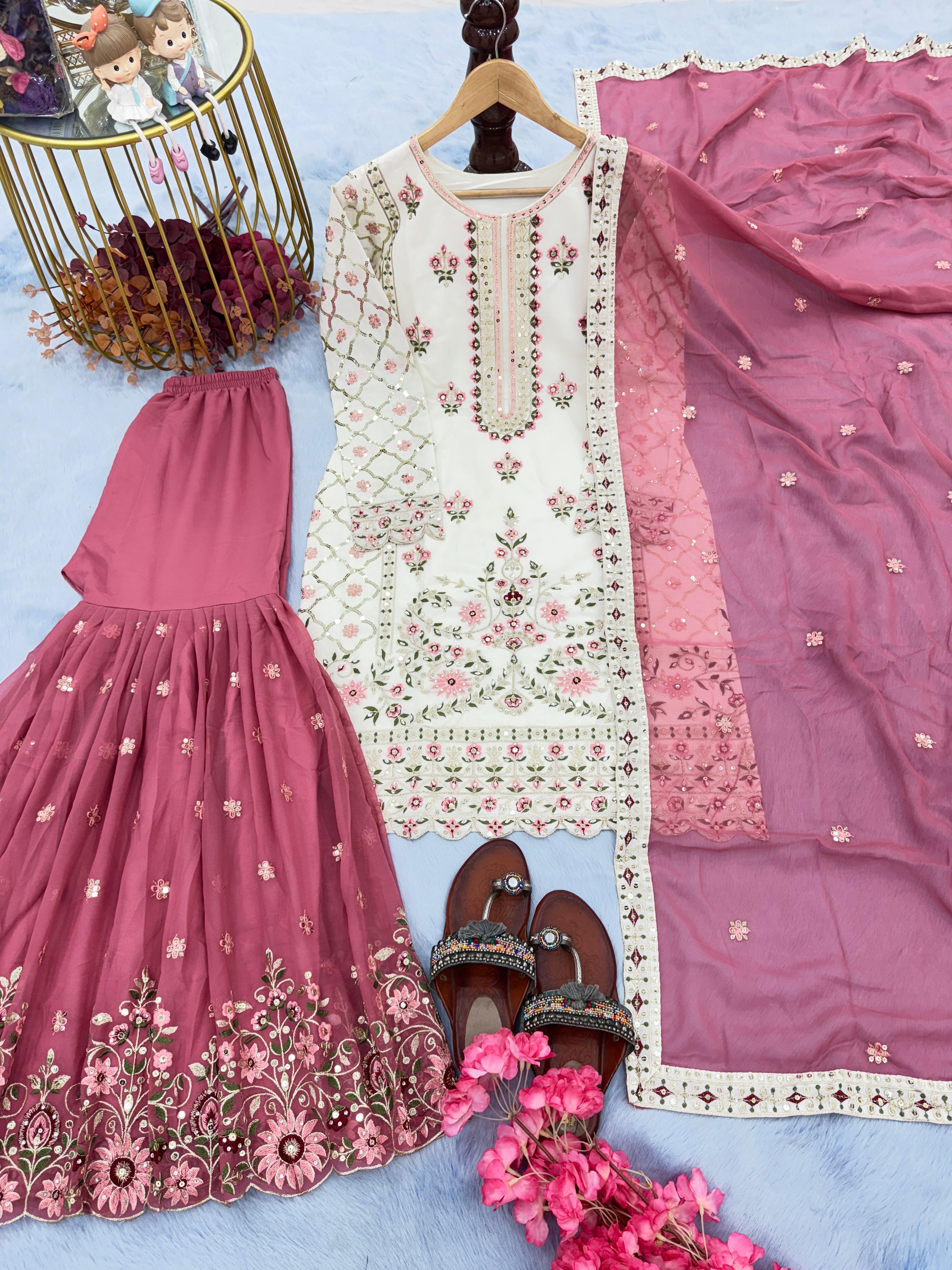 Stunning Off White With Pink Color Sharara Suit