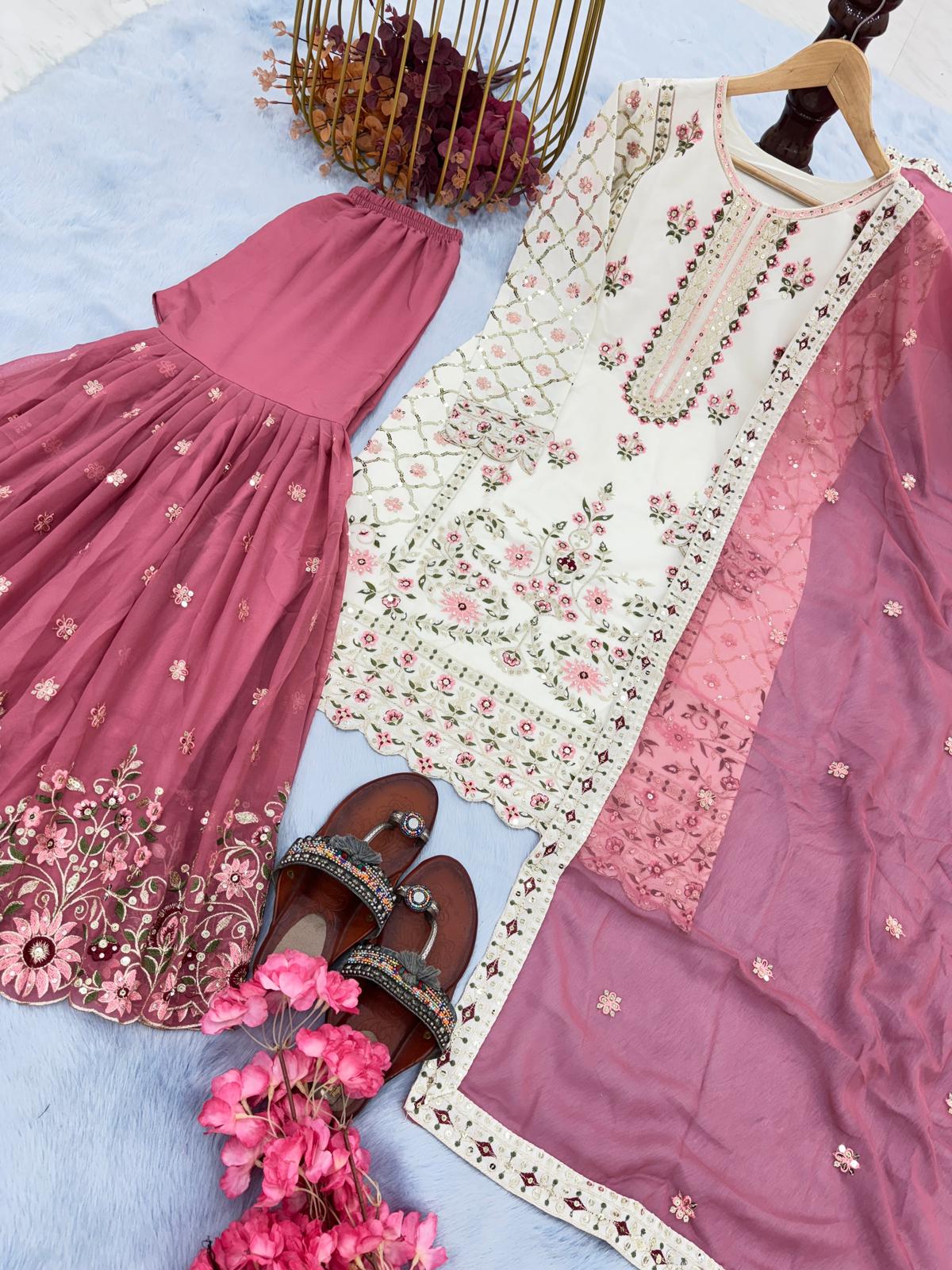 Stunning Off White With Pink Color Sharara Suit