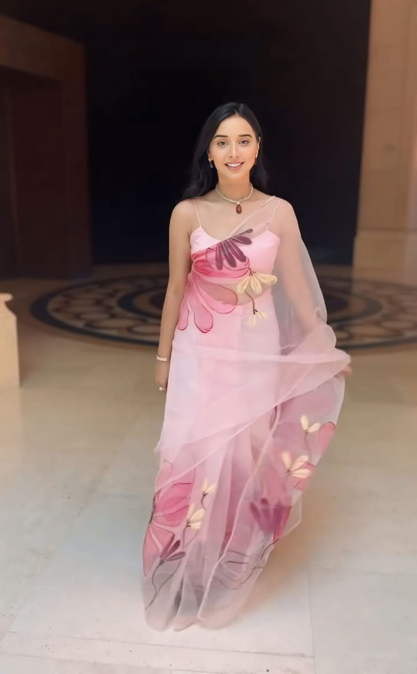 Ready To Wear Flower Print Light Pink Saree