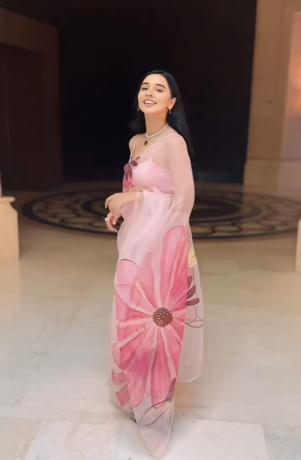 Ready To Wear Flower Print Light Pink Saree