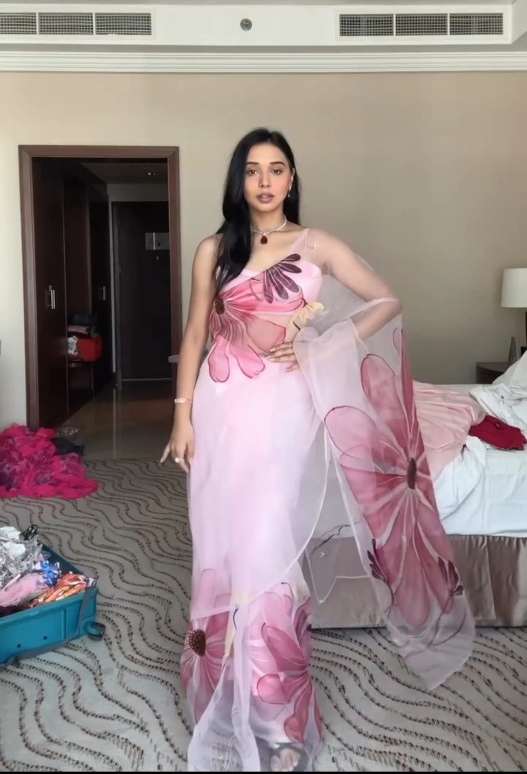 Ready To Wear Flower Print Light Pink Saree