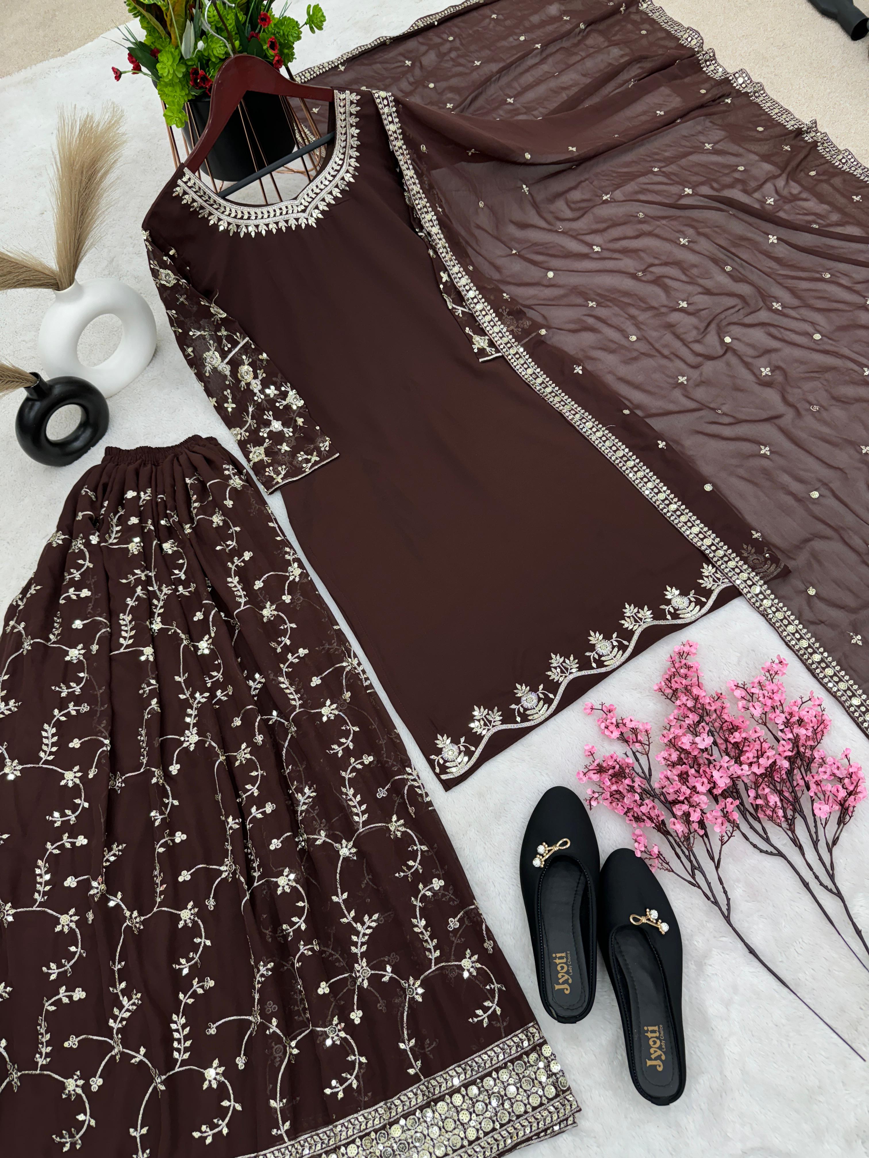 Imposing Embroidery Work Brown Sharara Suit