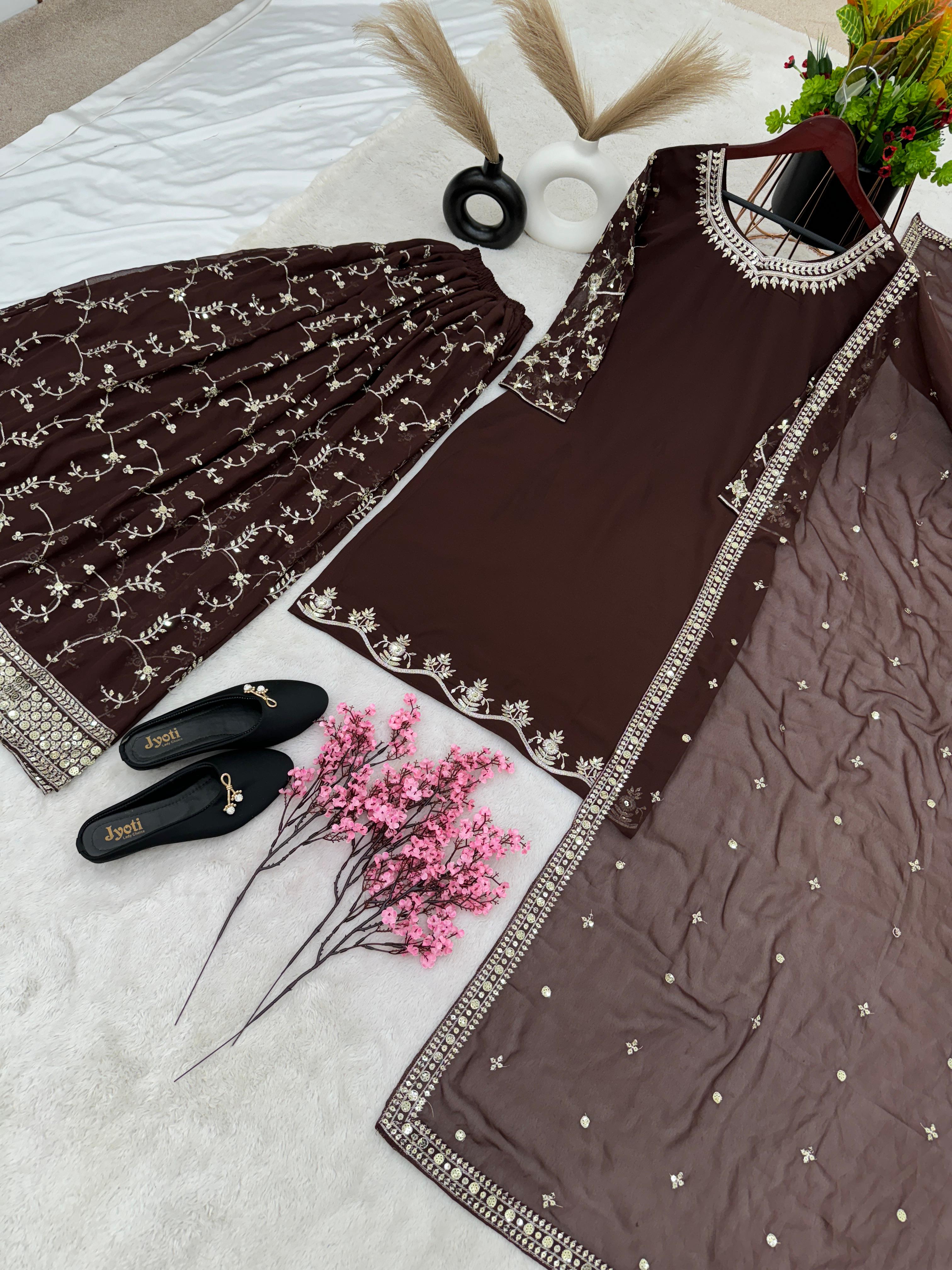 Imposing Embroidery Work Brown Sharara Suit