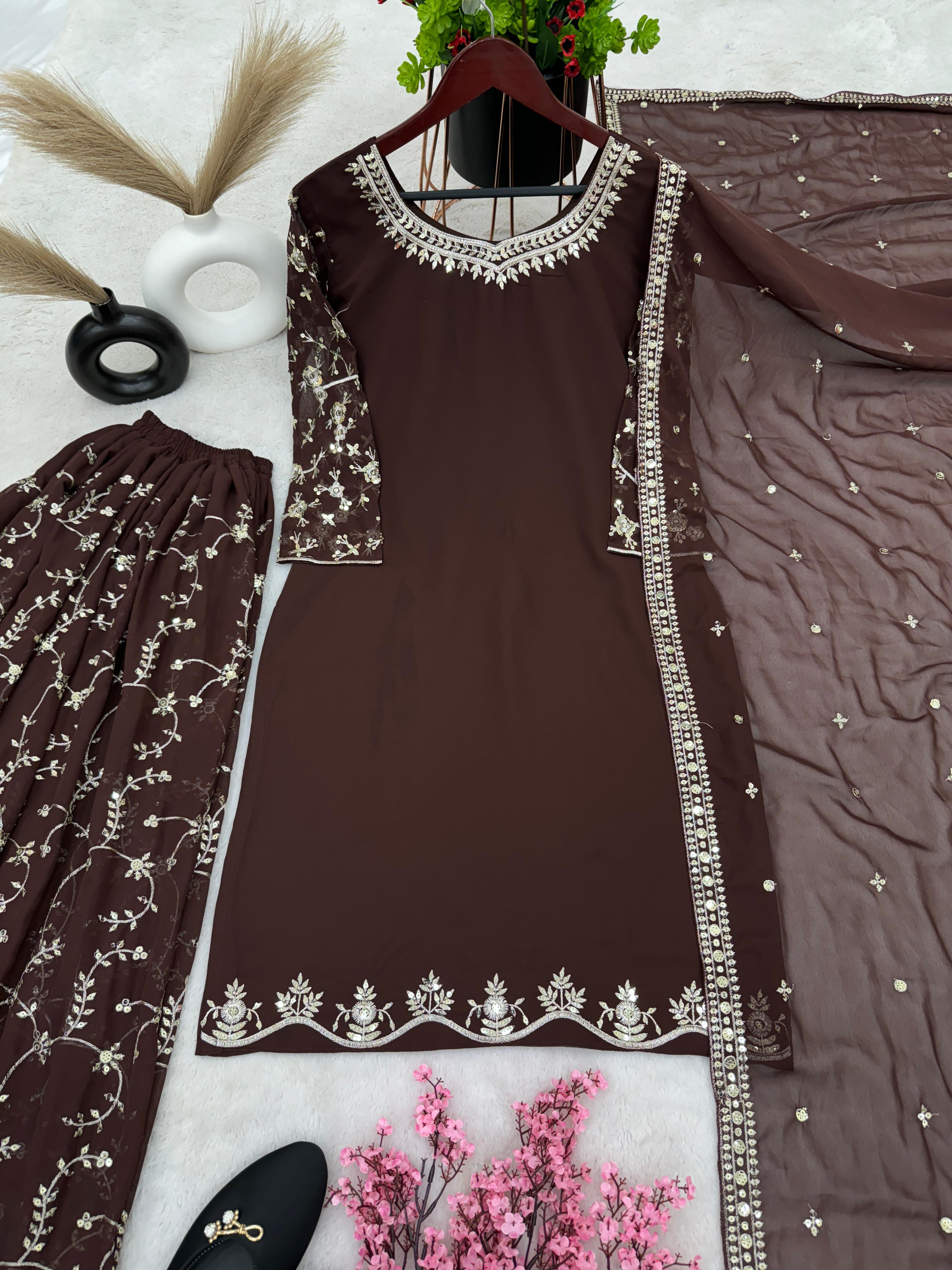 Imposing Embroidery Work Brown Sharara Suit