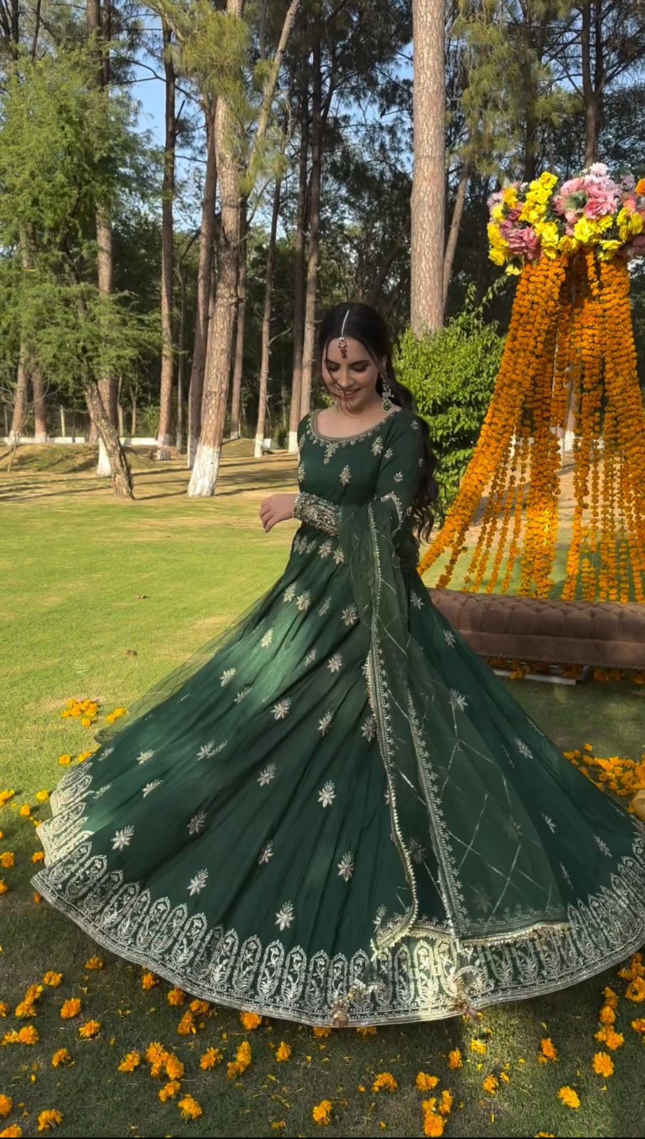Awesome Green Color Embroidery Work Gown