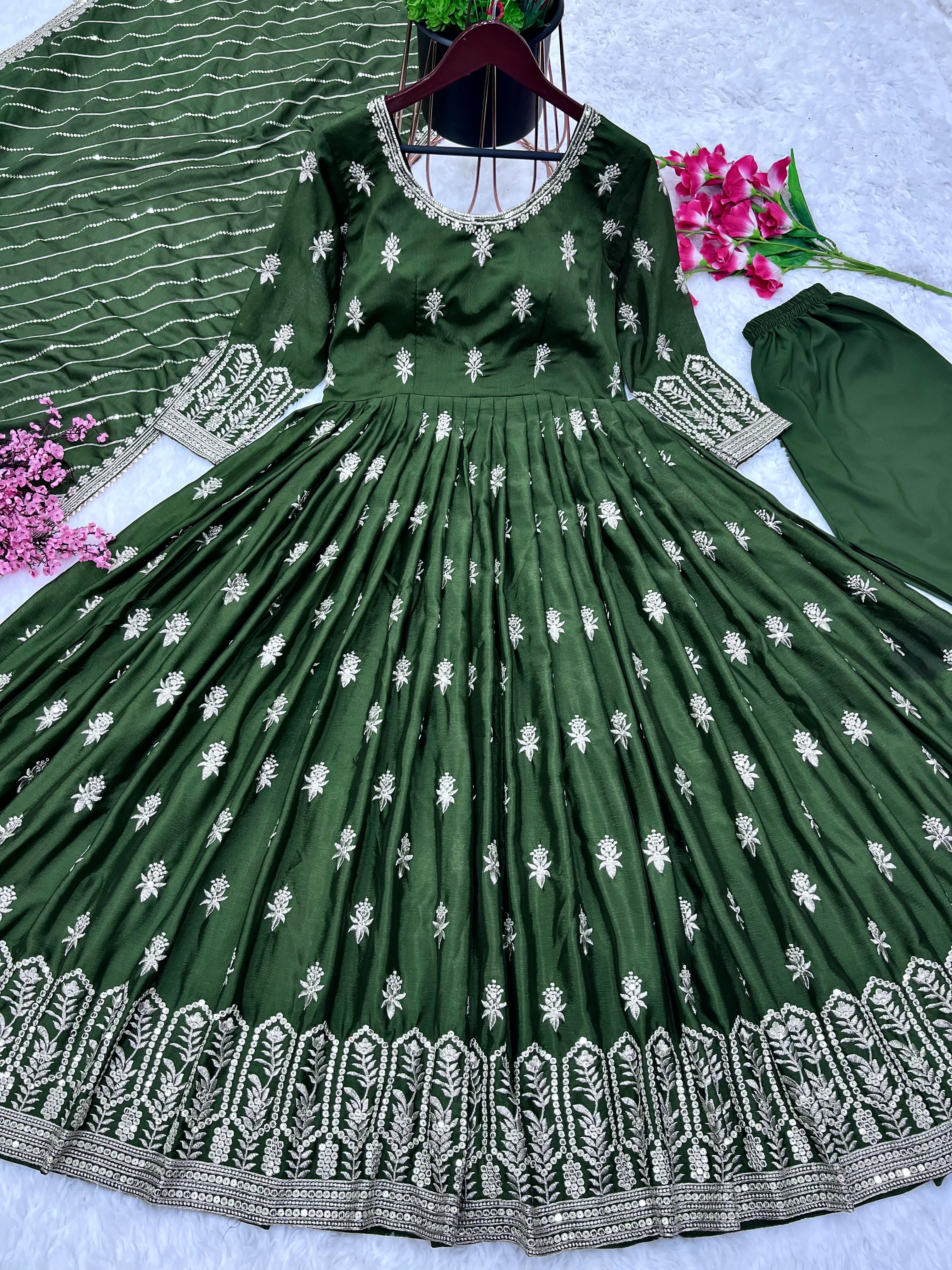 Awesome Green Color Embroidery Work Gown
