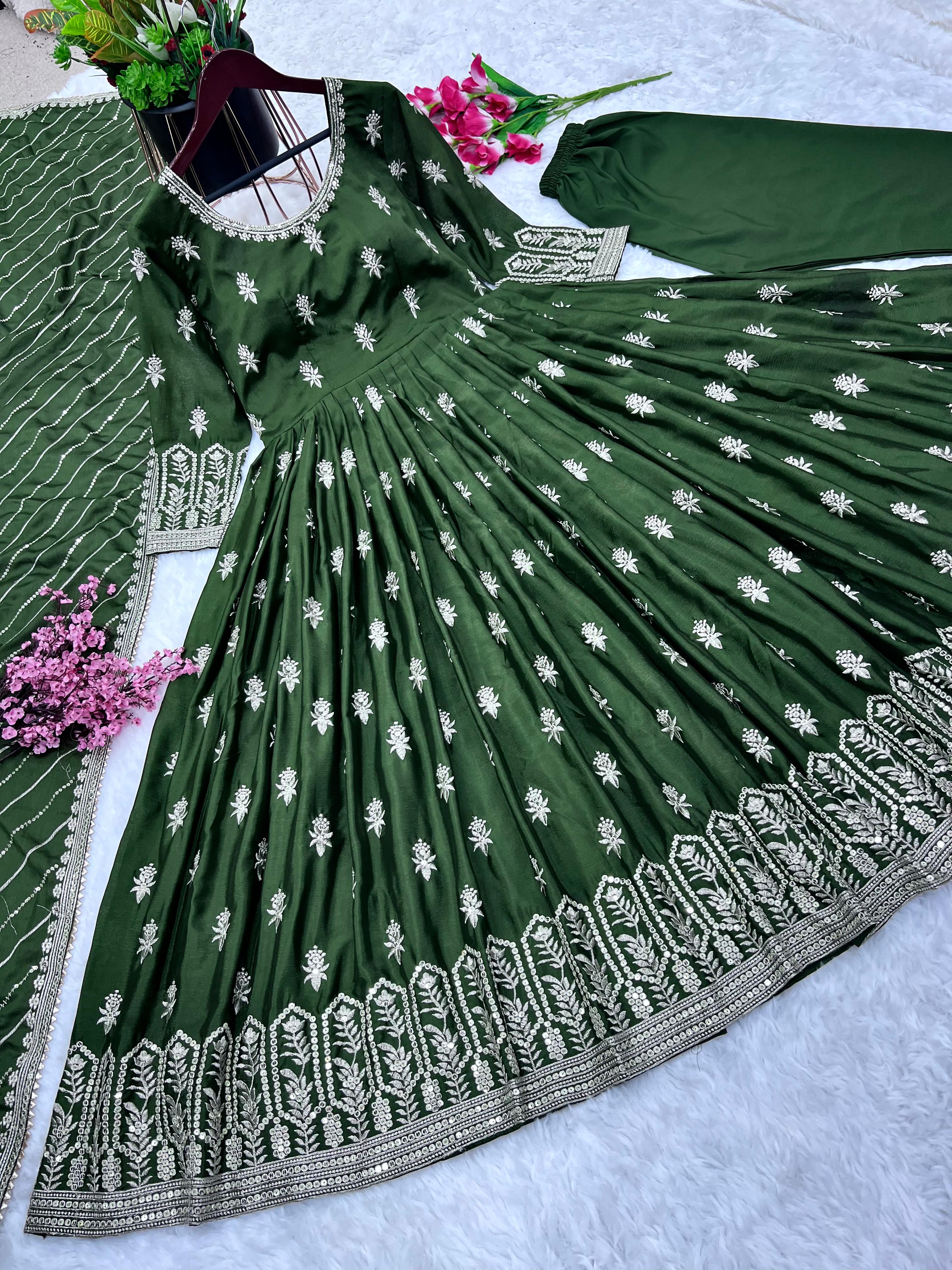 Awesome Green Color Embroidery Work Gown