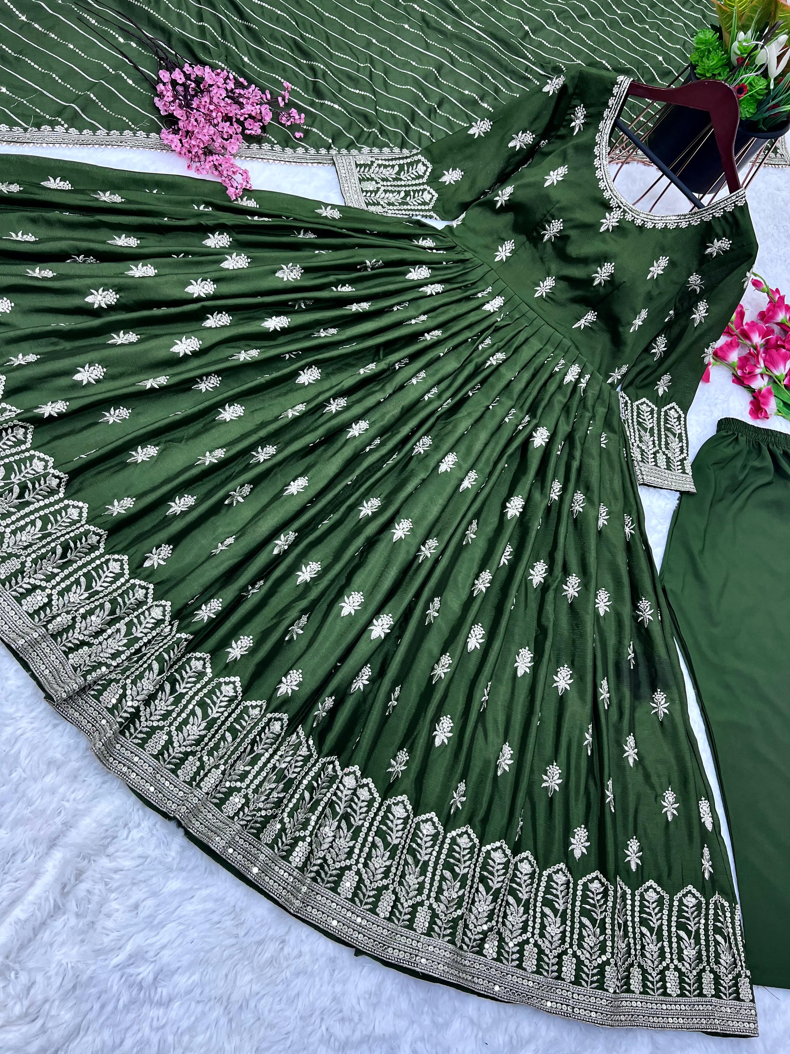 Awesome Green Color Embroidery Work Gown