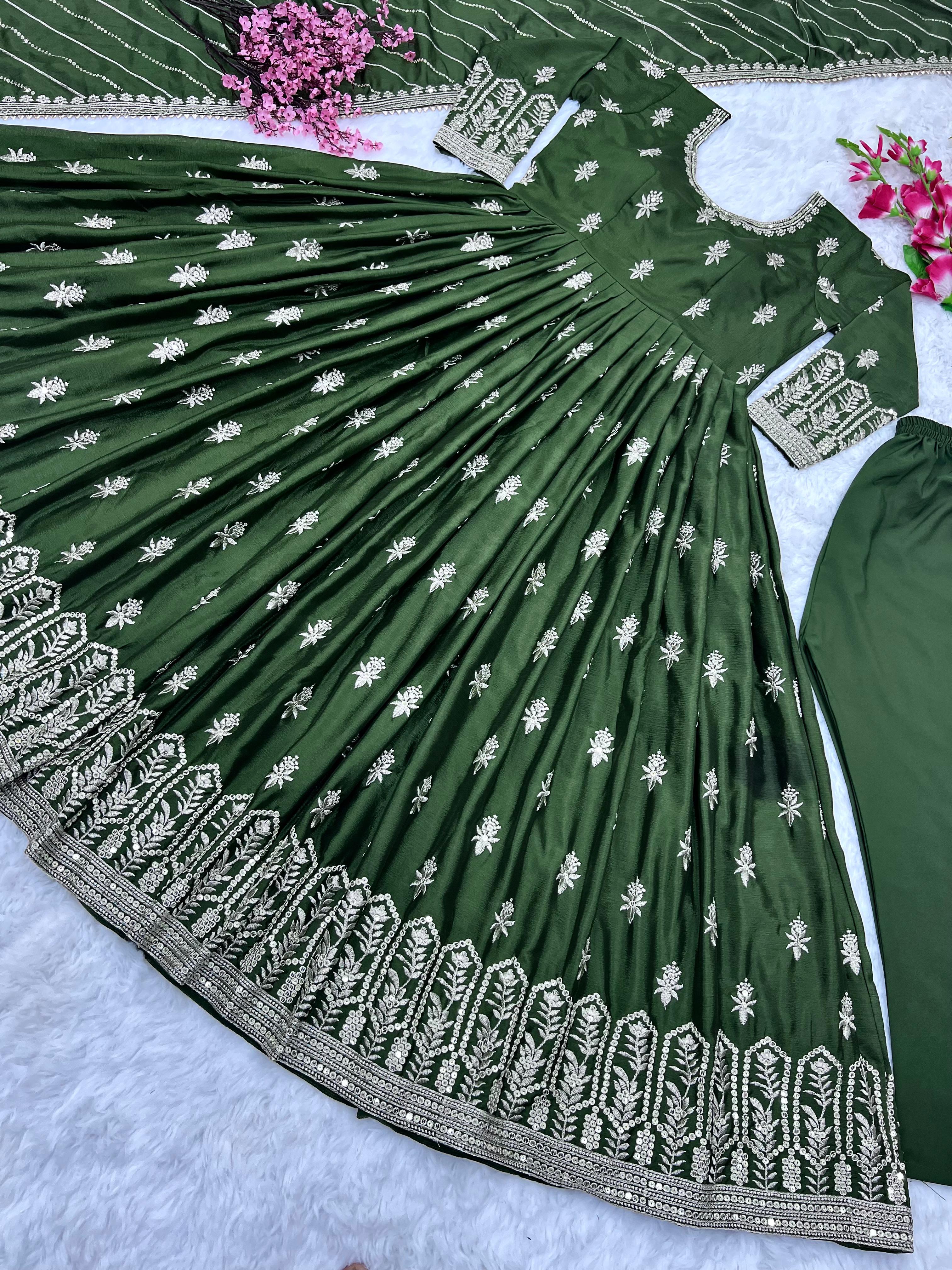 Awesome Green Color Embroidery Work Gown