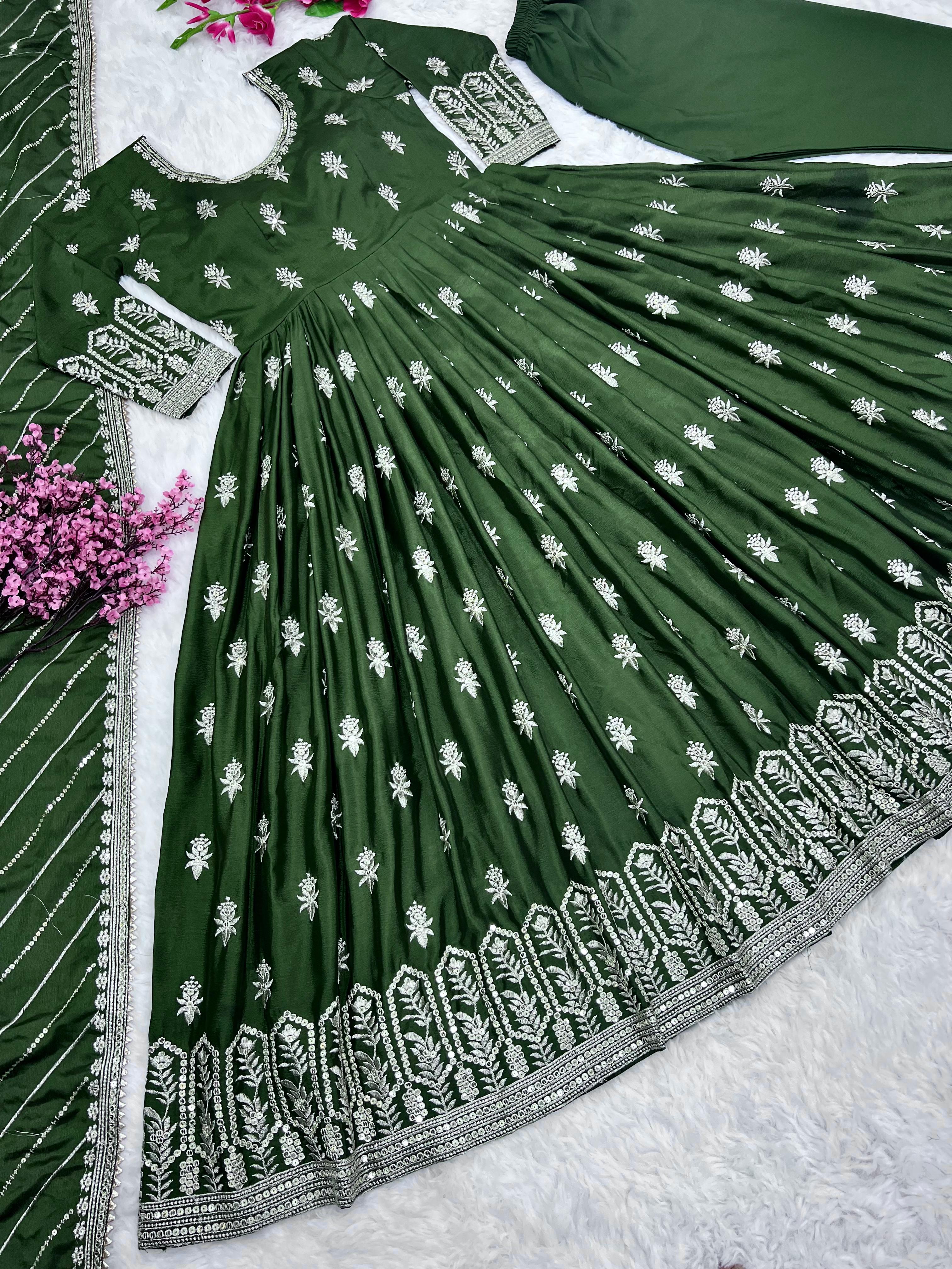 Awesome Green Color Embroidery Work Gown