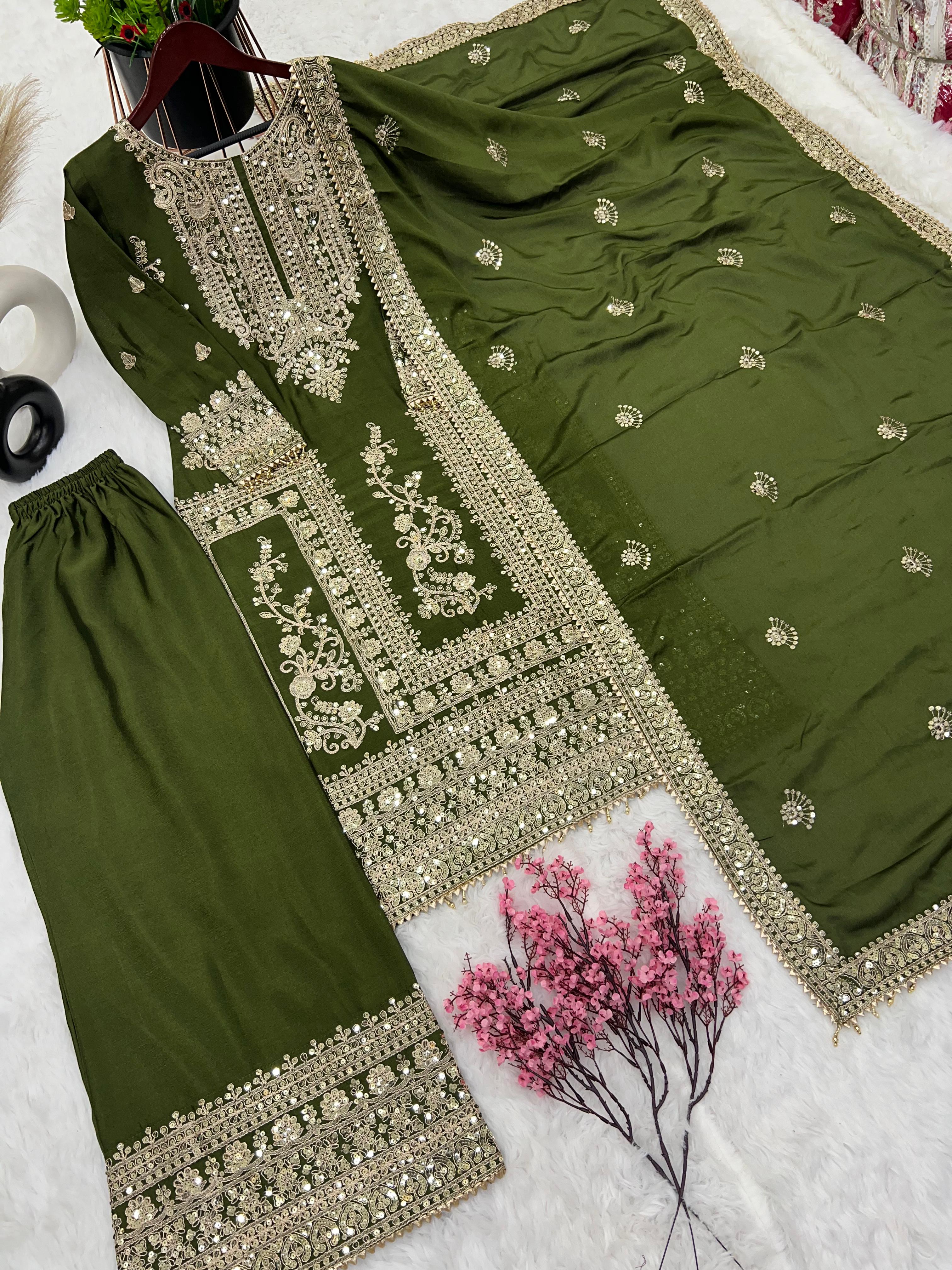 Awesome Mehndi Green Color Embroidery Work Palazzo Suit