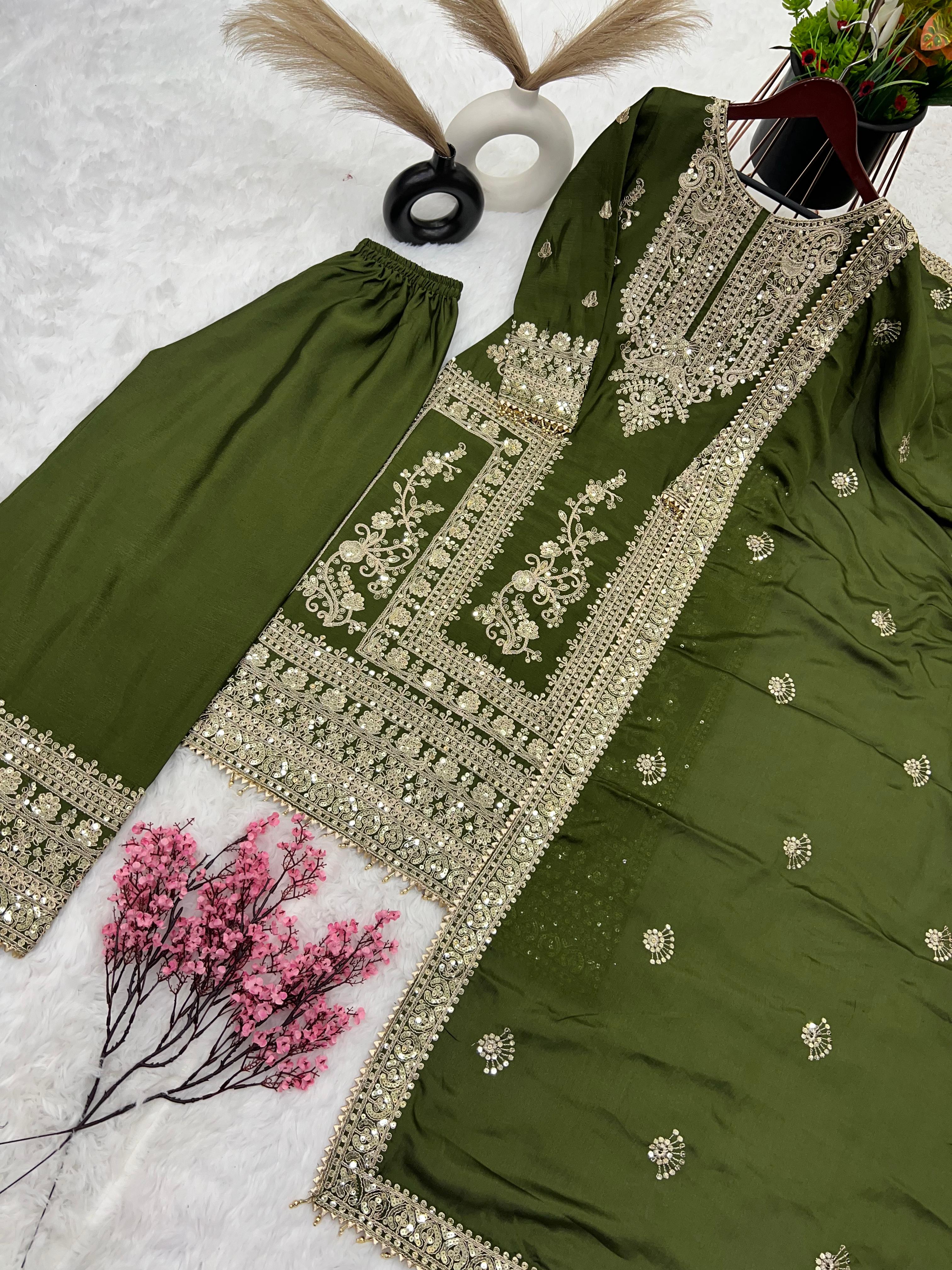 Awesome Mehndi Green Color Embroidery Work Palazzo Suit