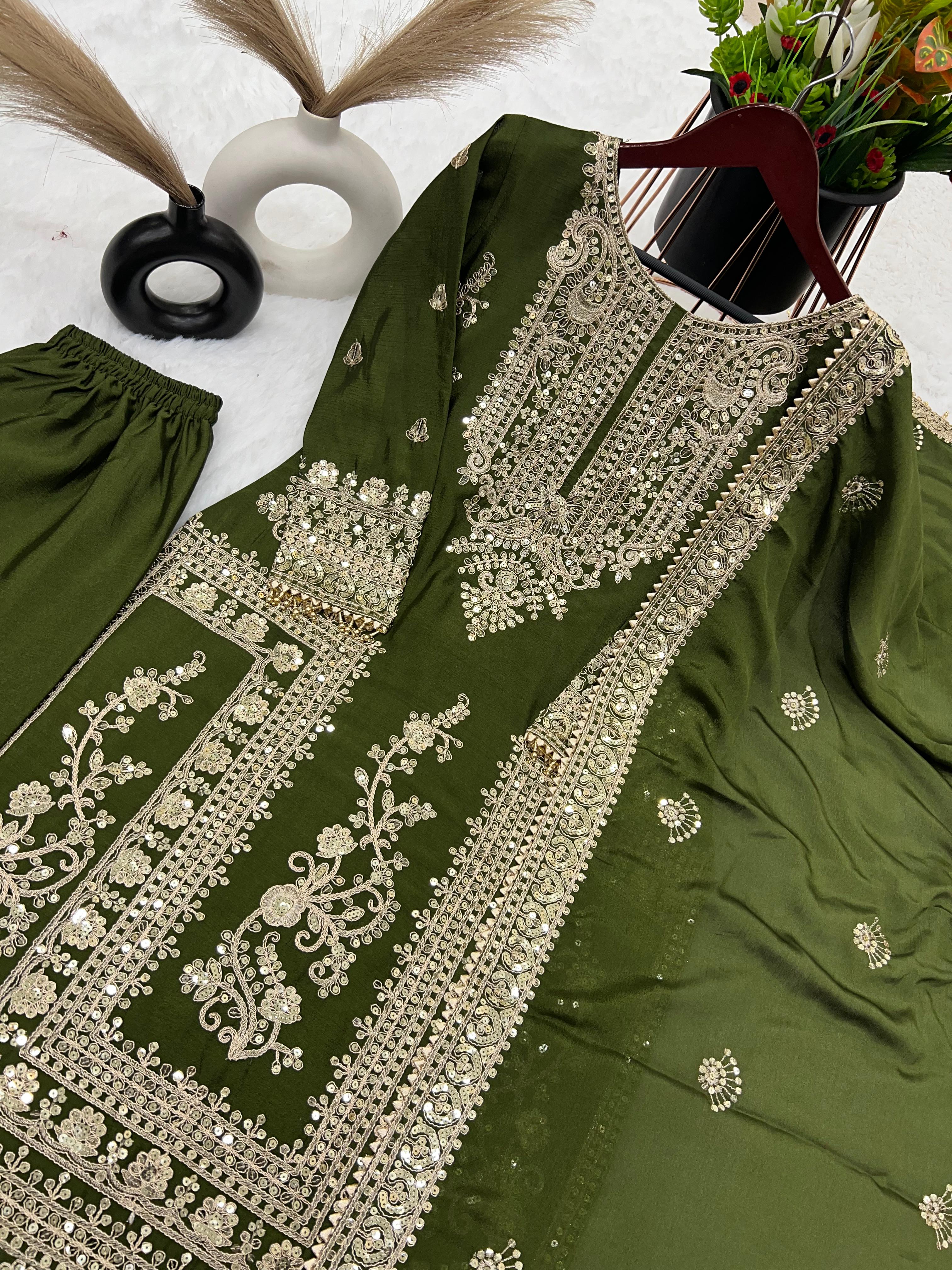 Awesome Mehndi Green Color Embroidery Work Palazzo Suit