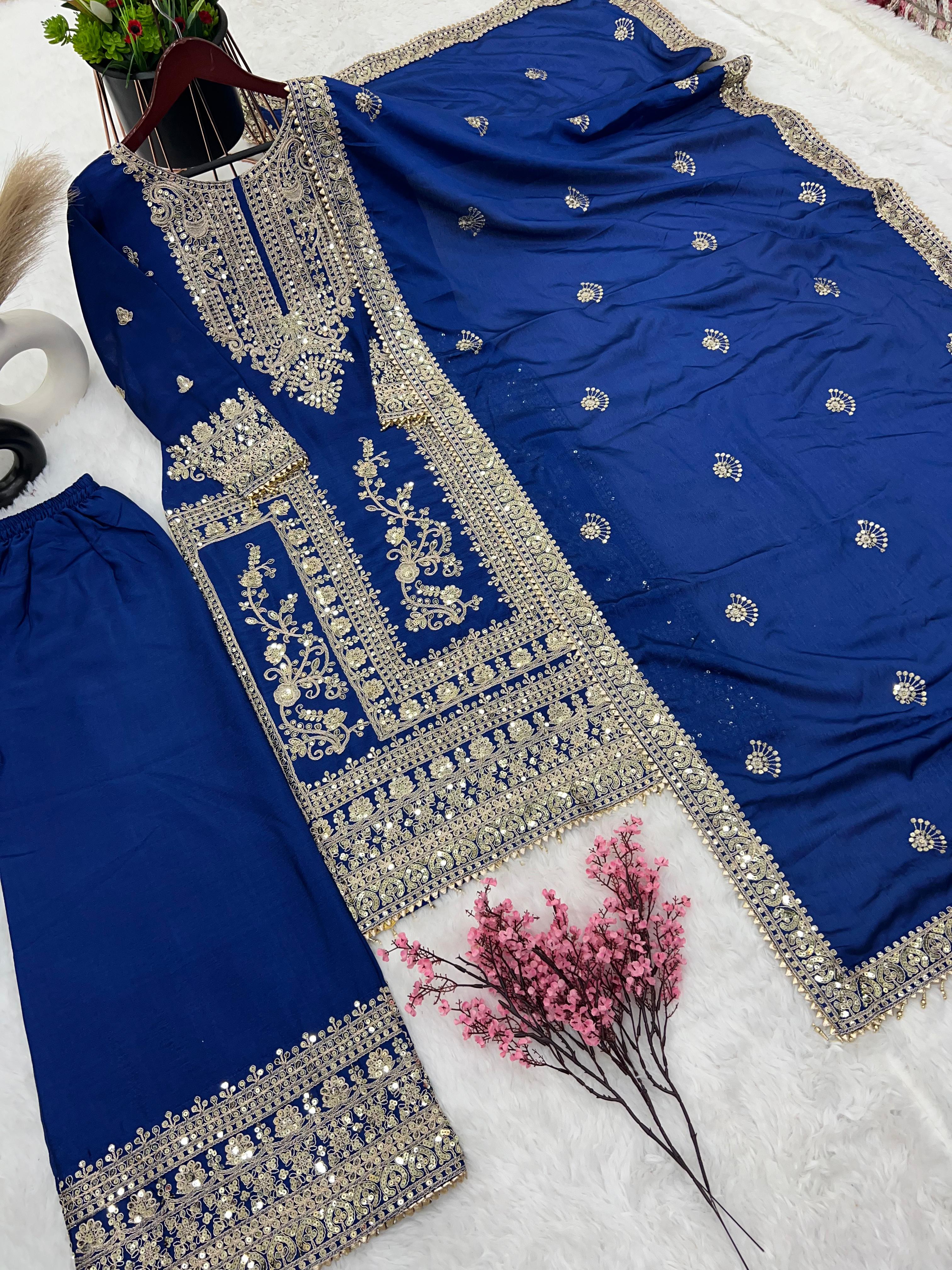 Awesome Blue Color Embroidery Work Palazzo Suit