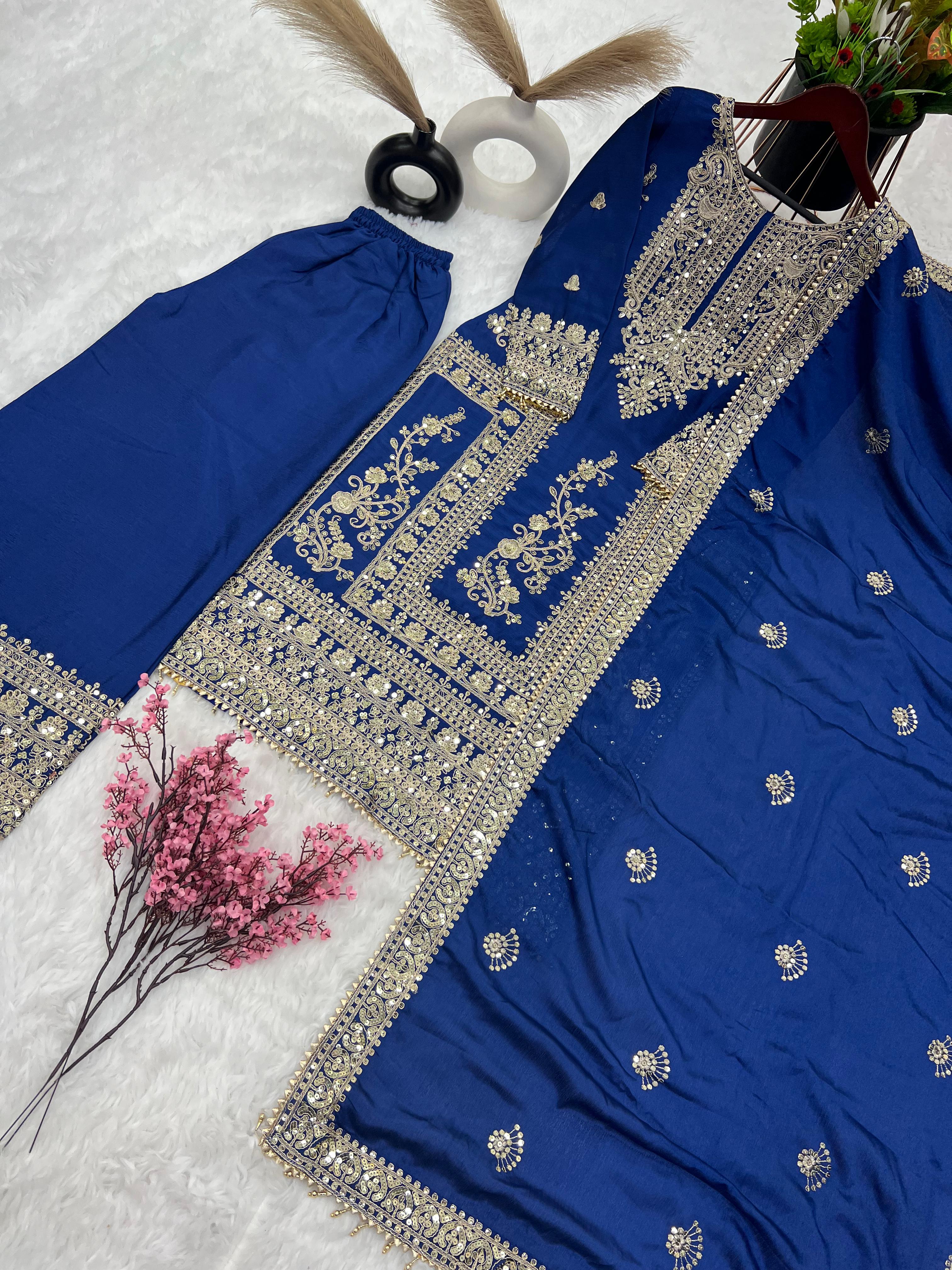 Awesome Blue Color Embroidery Work Palazzo Suit