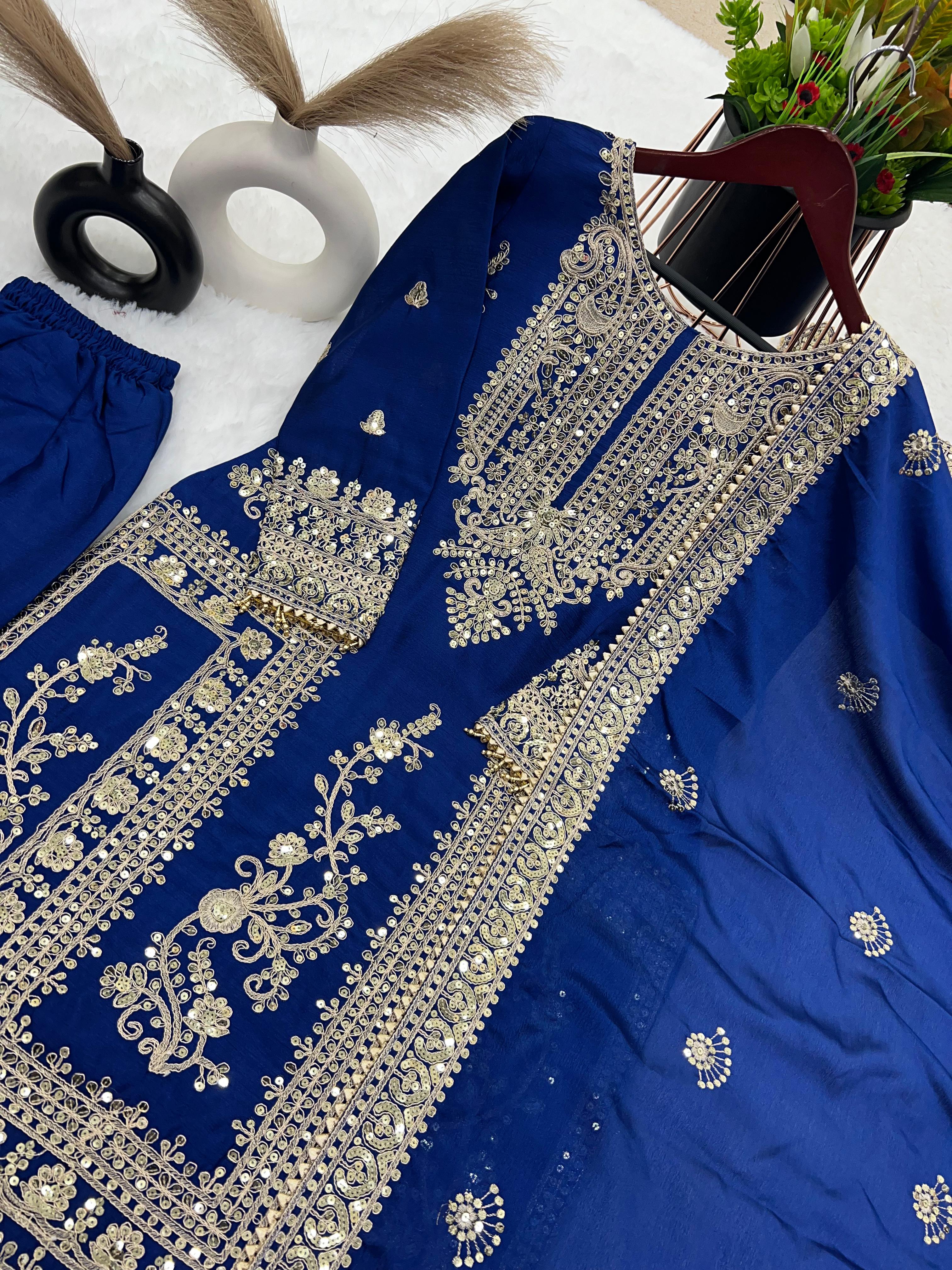 Awesome Blue Color Embroidery Work Palazzo Suit