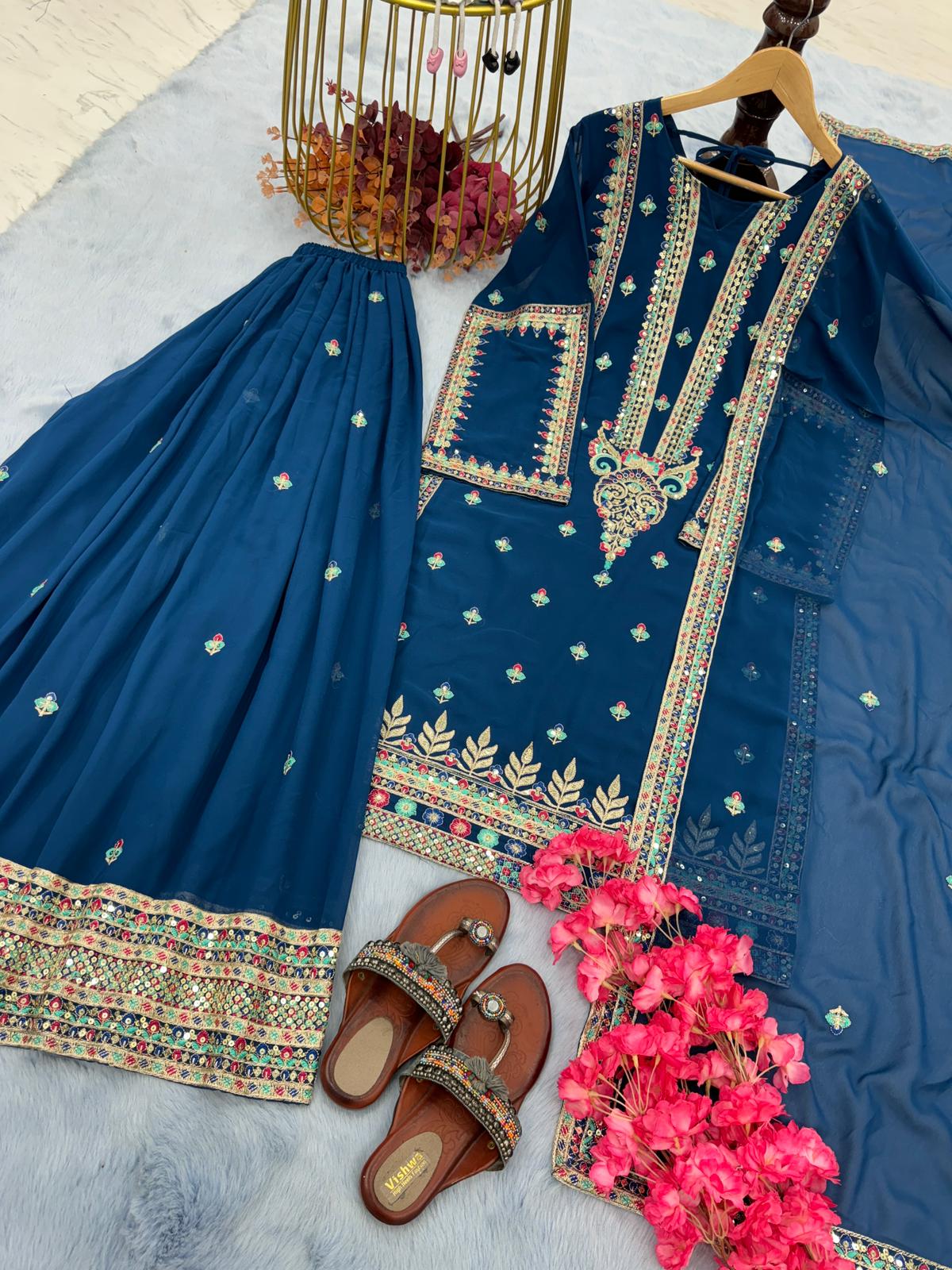 Alluring Navy Blue Color Embroidery Work Sharara Suit