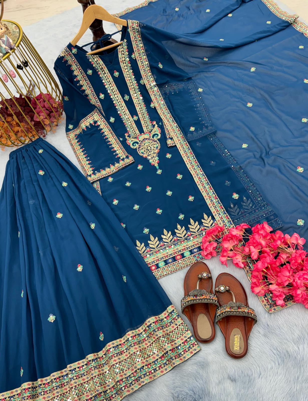 Alluring Navy Blue Color Embroidery Work Sharara Suit