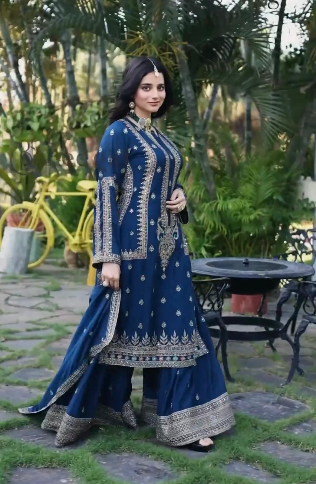 Alluring Navy Blue Color Embroidery Work Sharara Suit