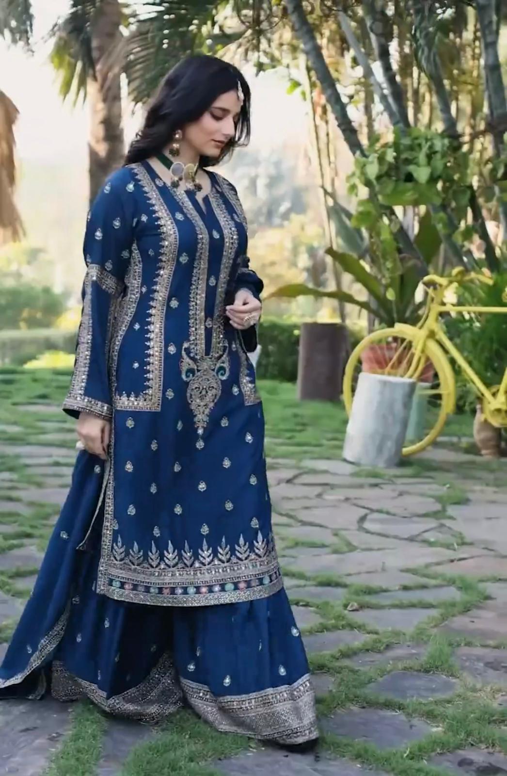 Alluring Navy Blue Color Embroidery Work Sharara Suit