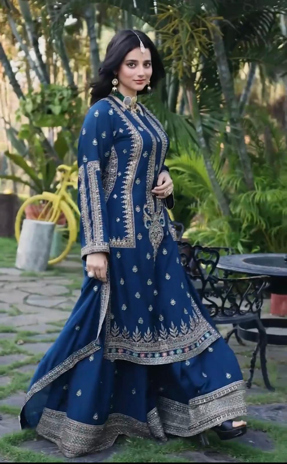 Alluring Navy Blue Color Embroidery Work Sharara Suit