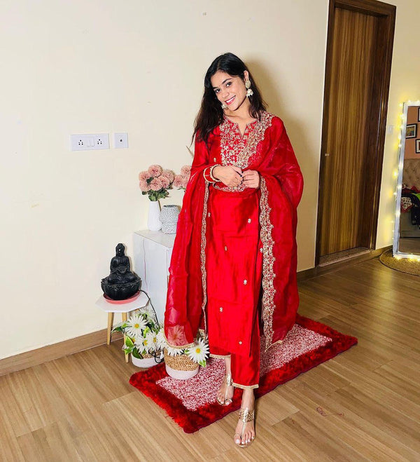 Fabulous Embroidery Work Red Color Salwar Suit