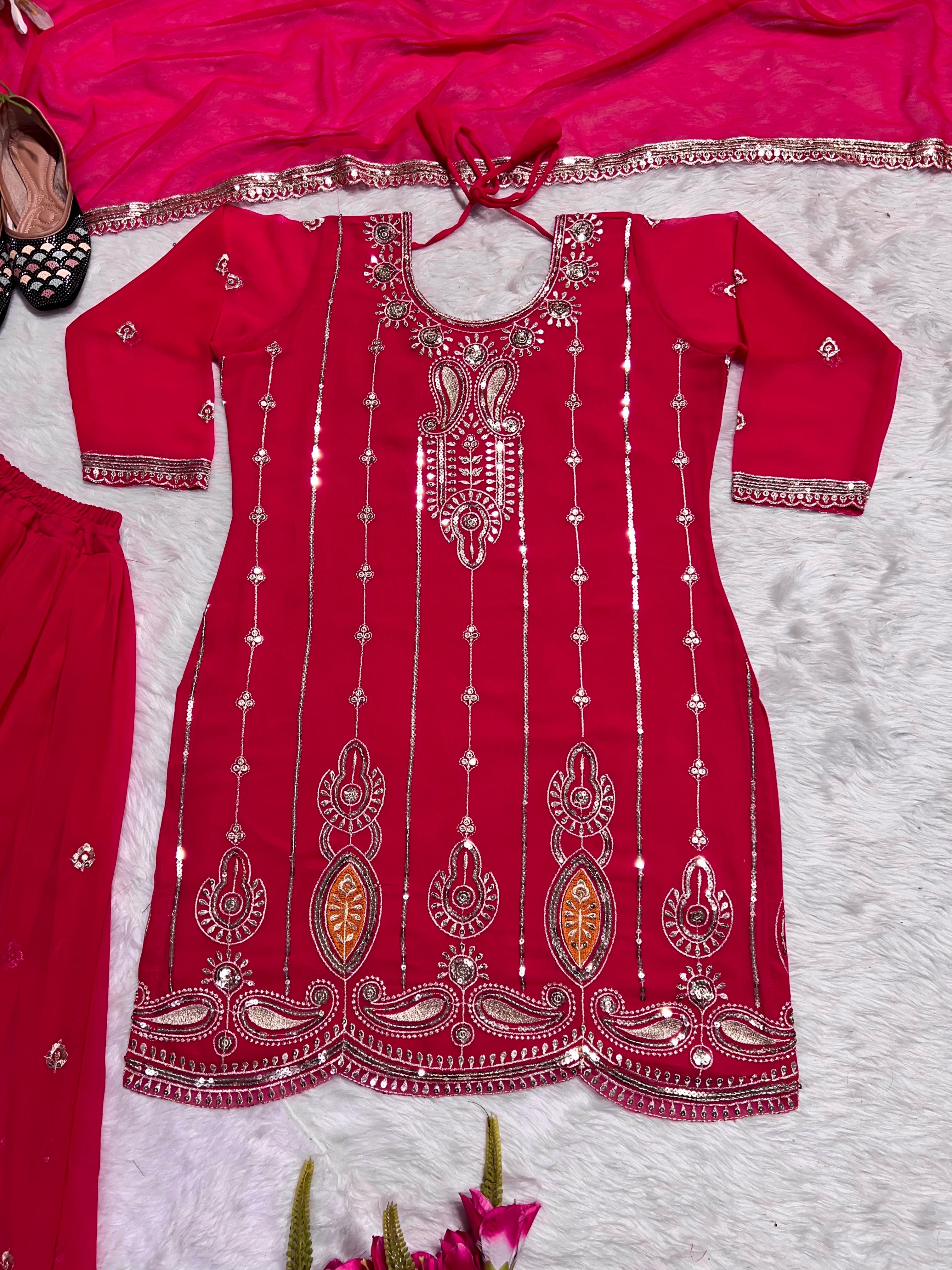 Exclusive Pink Color Embroidery Work Palazzo Suit