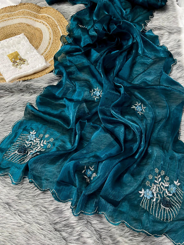 Captivating Hand Khatli Work Teal Blue Saree