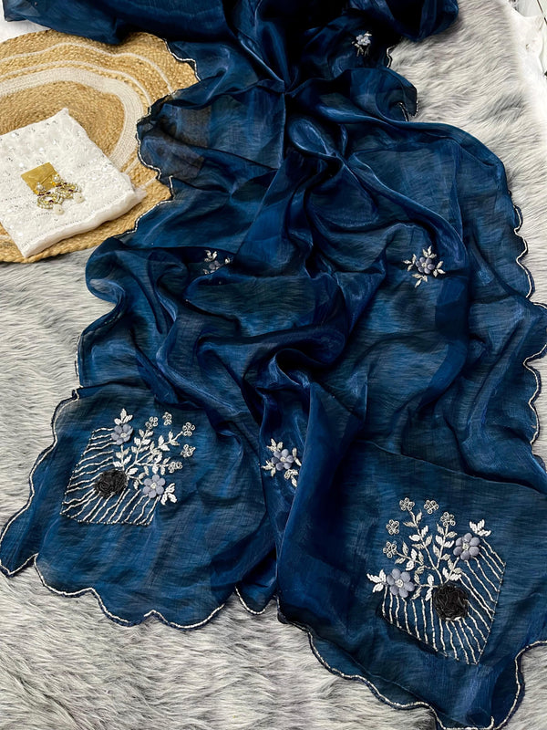 Captivating Hand Khatli Work Navy Blue Saree