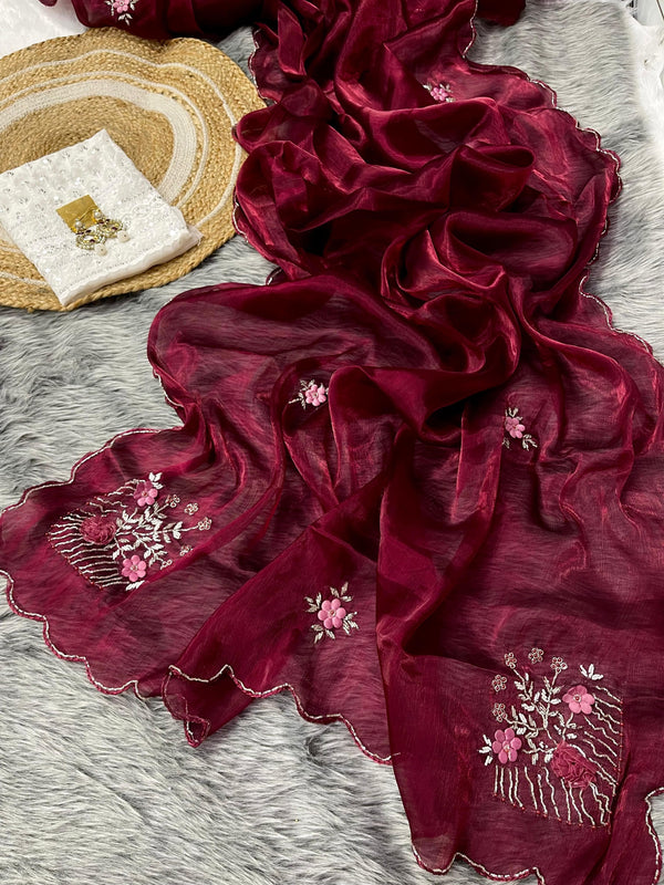 Captivating Hand Khatli Work Maroon Saree