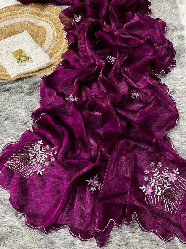 Captivating Hand Khatli Work Wine Saree