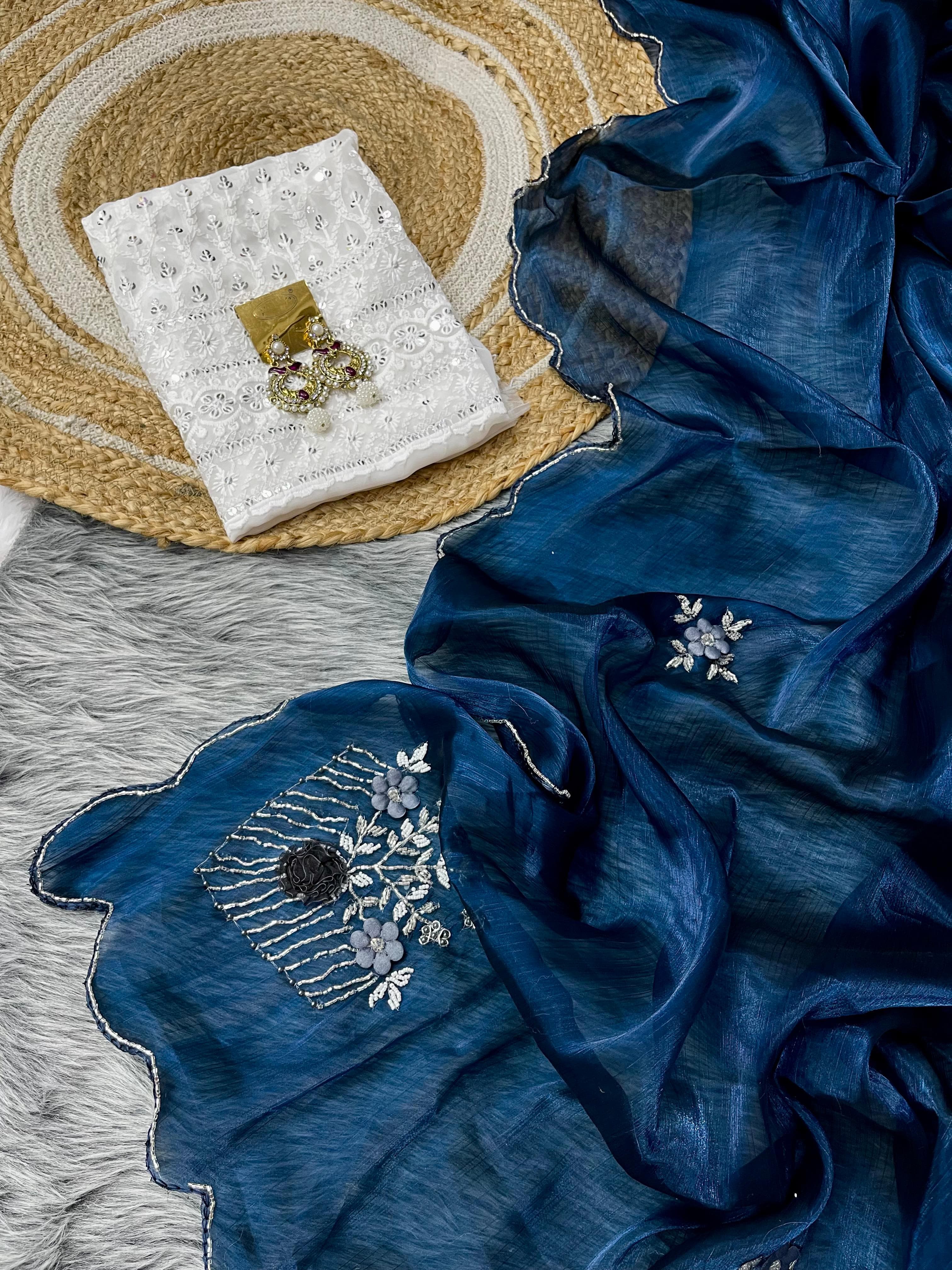 Captivating Hand Khatli Work Navy Blue Saree