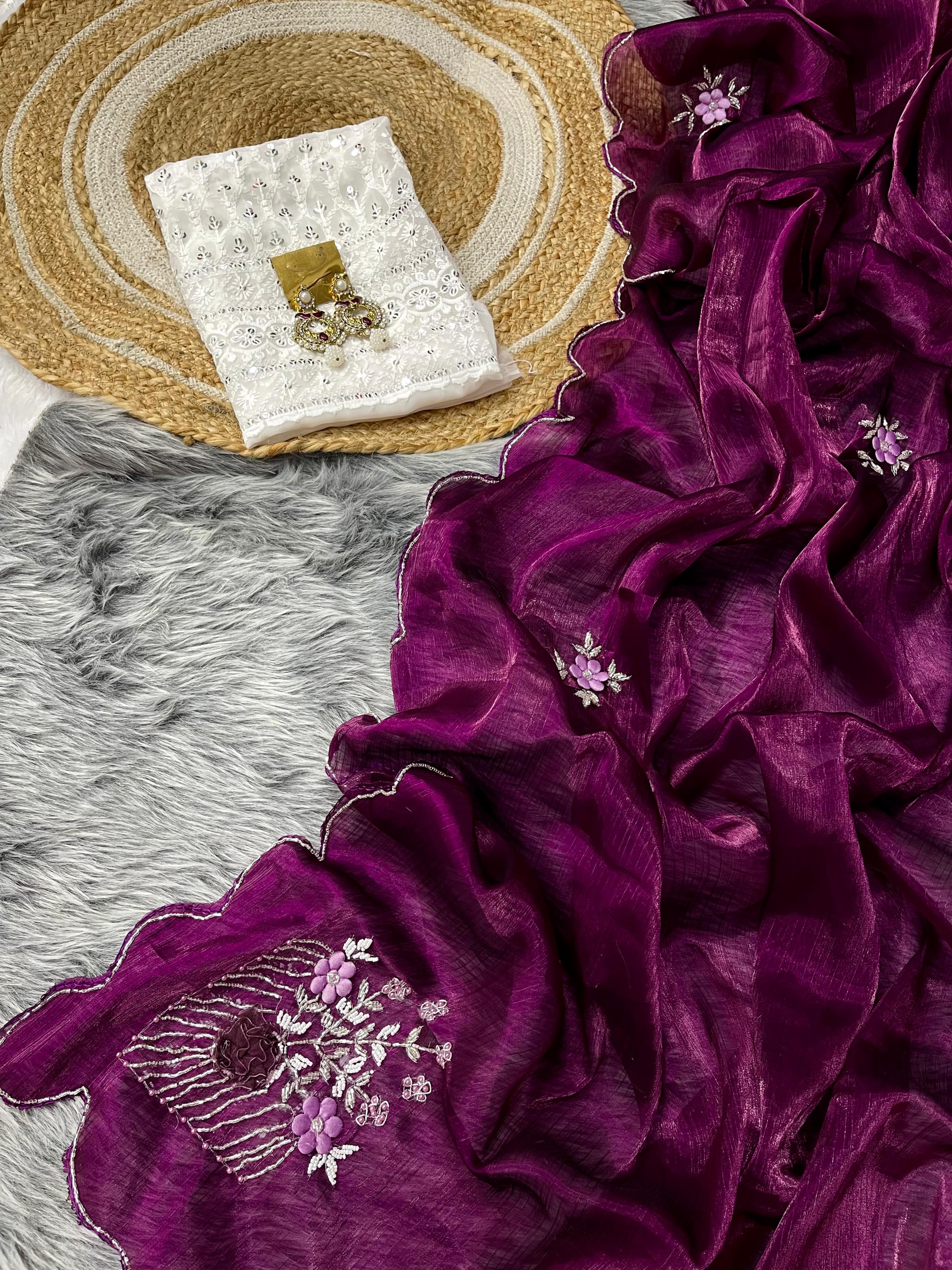 Captivating Hand Khatli Work Wine Saree