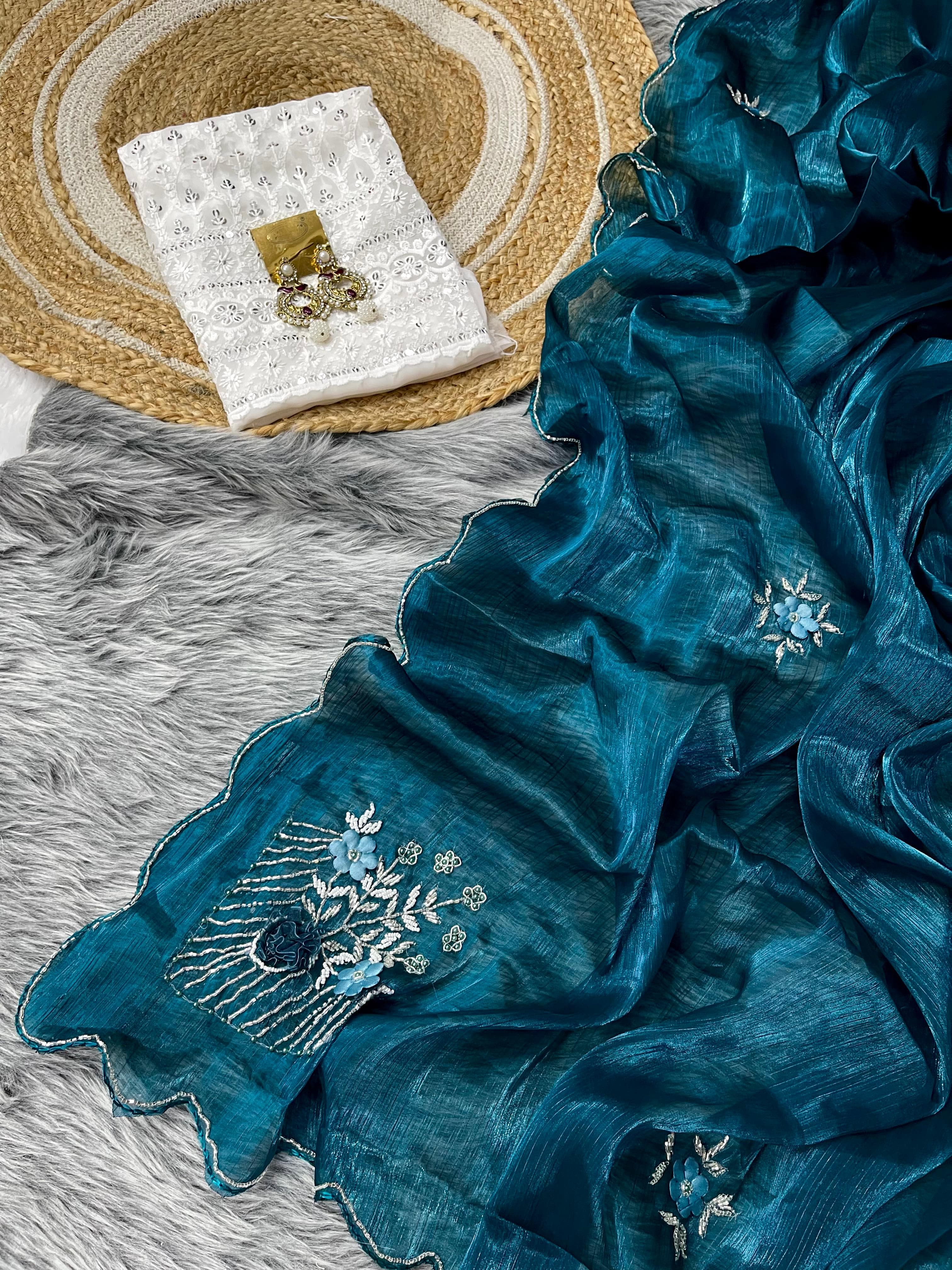 Captivating Hand Khatli Work Teal Blue Saree