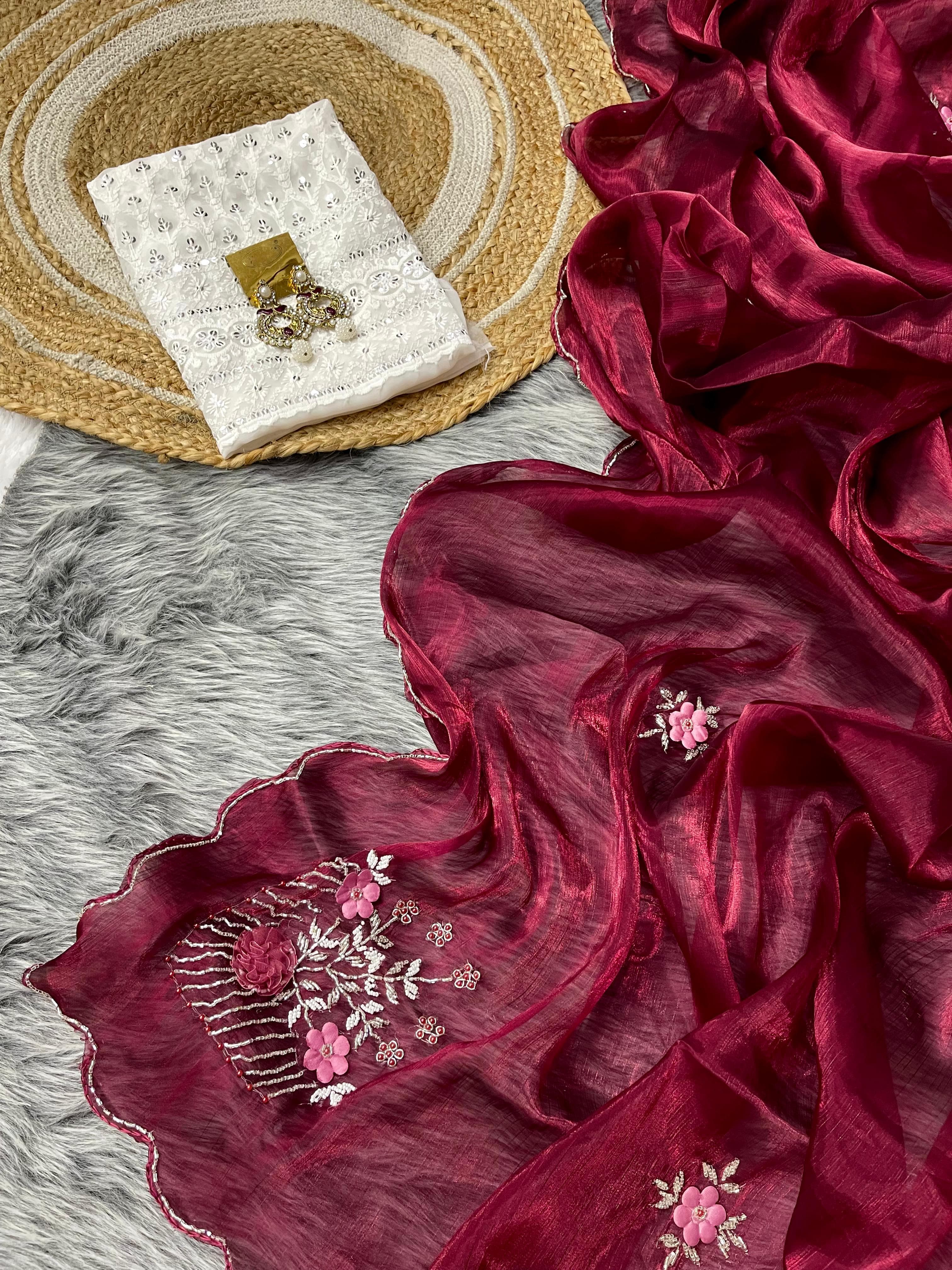 Captivating Hand Khatli Work Maroon Saree