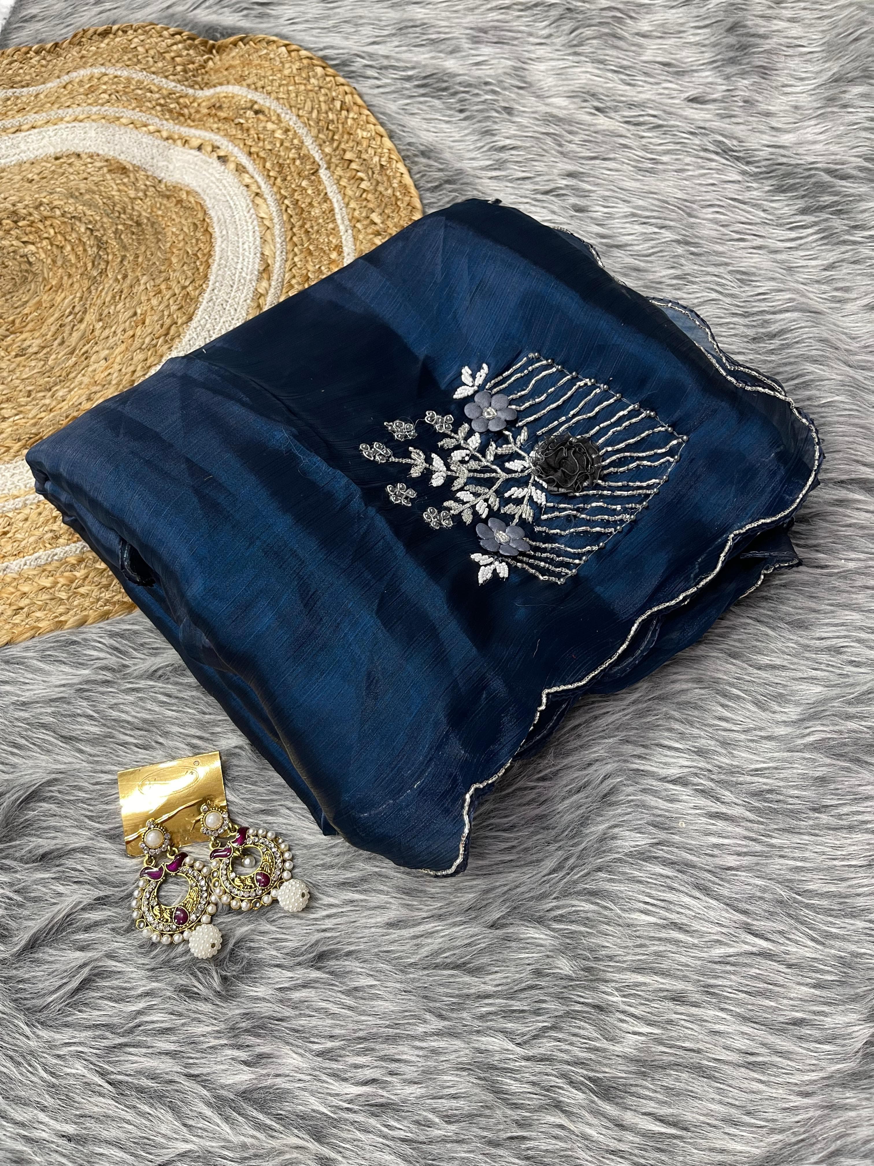 Captivating Hand Khatli Work Navy Blue Saree