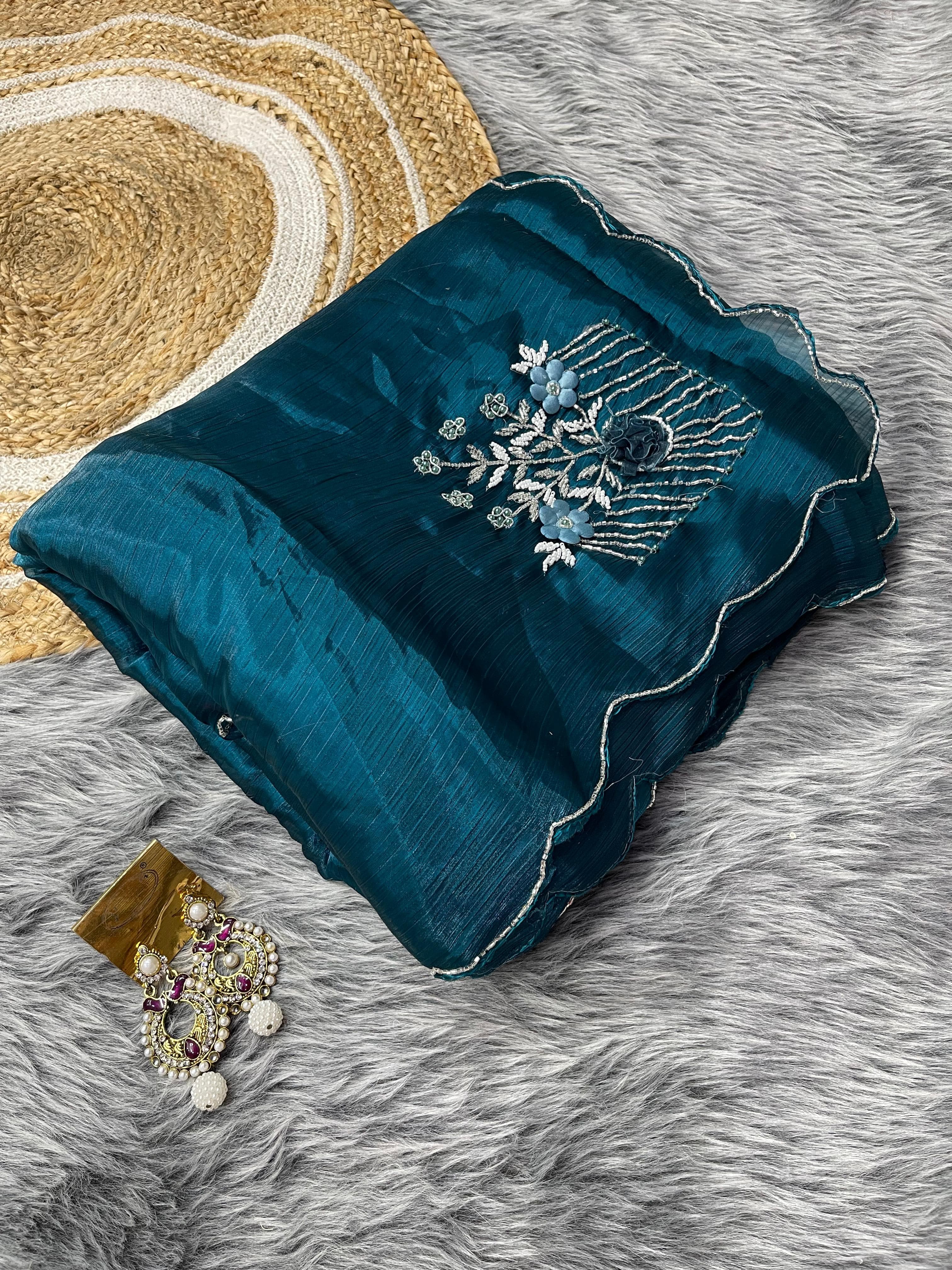 Captivating Hand Khatli Work Teal Blue Saree