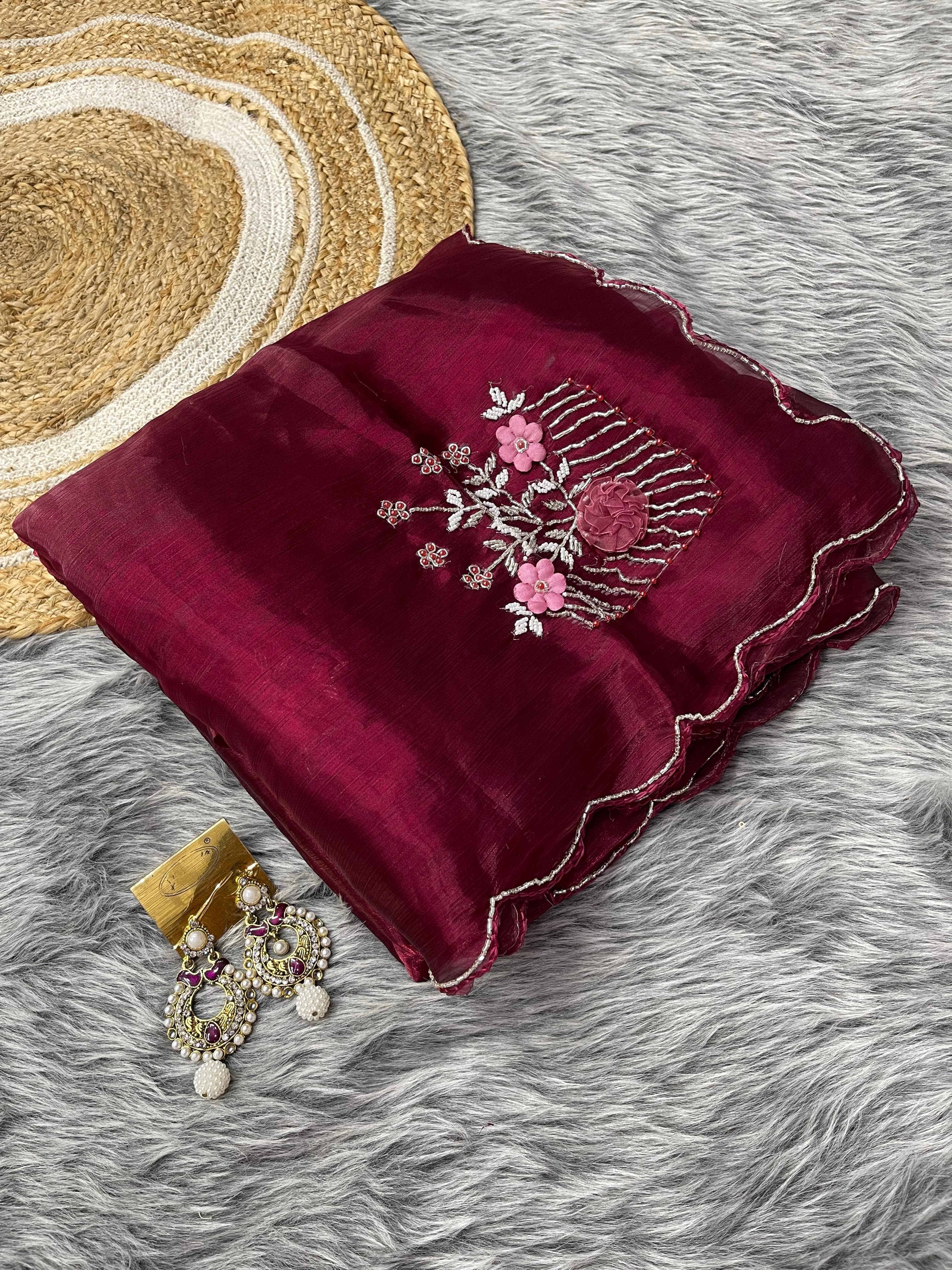 Captivating Hand Khatli Work Maroon Saree