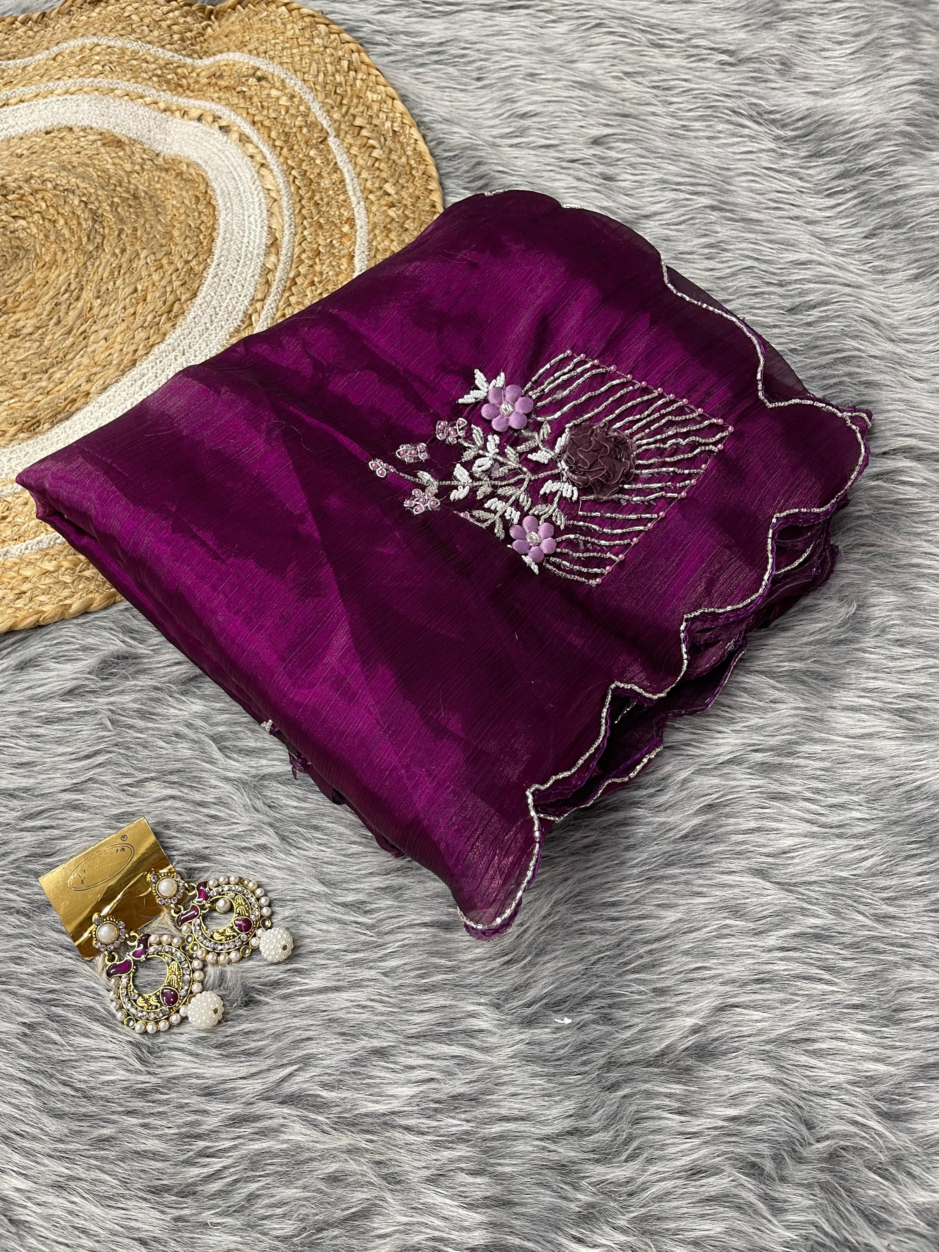 Captivating Hand Khatli Work Wine Saree