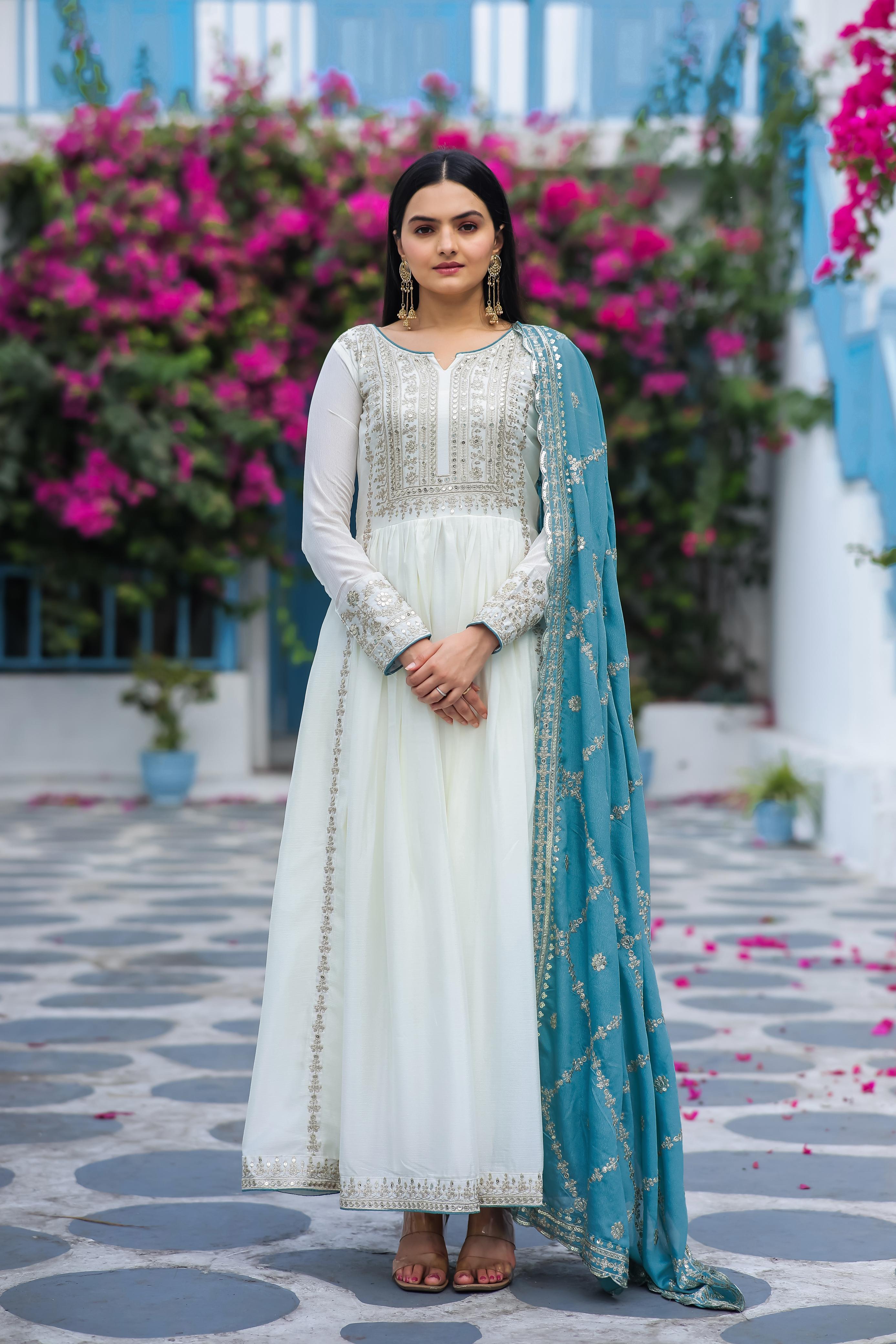 Blue White Combination Dress Stylish White Gown With Sky Blue Work